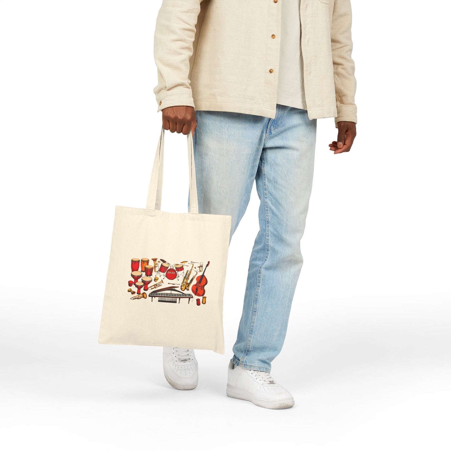 Salsa Orchestra Instruments Tote Bag | Latin Music Band Art | Musician Dancer Gift | Vibrant Red Gold Design | Cotton Canvas Tote Bag