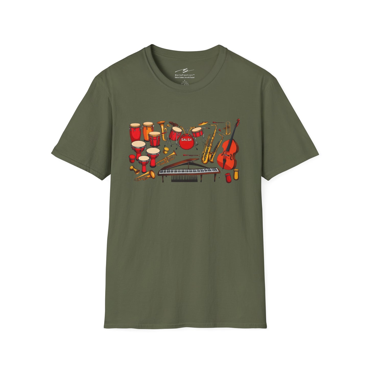 Salsa Orchestra Instruments T-Shirt | Latin Music Band Art | Musician Dancer Gift | Vibrant Red Gold Design | Comfy Couple Casual Wear