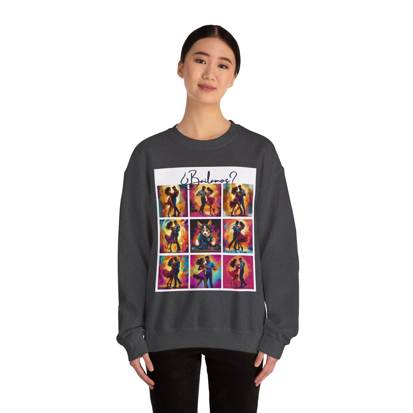 Bailamos? Latin Dance Collage Sweatshirt | DJ Corgi Salsa Bachata Art | Colorful Dance Couple | BailaFashion Sweater | Dance Practice Wear