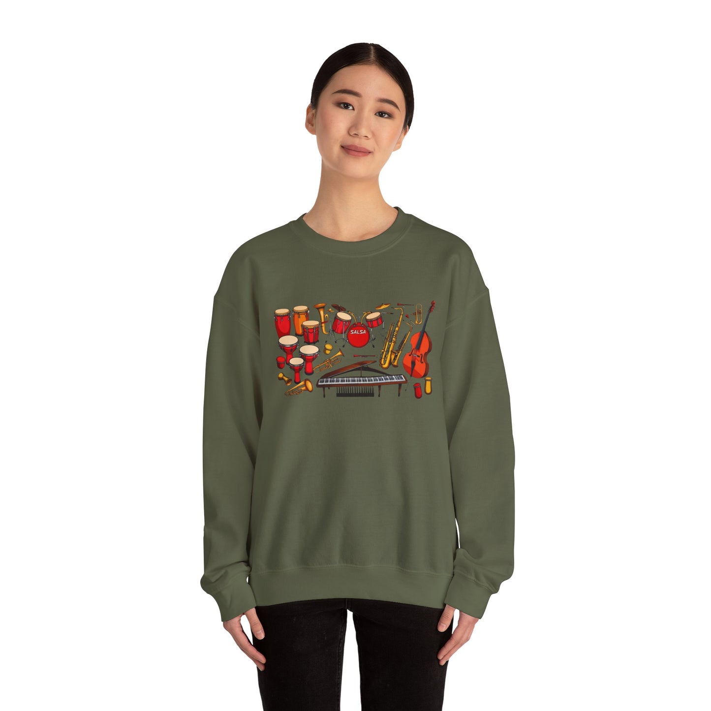 Salsa Orchestra Instruments Sweatshirt | Latin Music Band Art | Musician Dancer Gift | Vibrant Red Gold Design | Comfy Casual Couple Wear