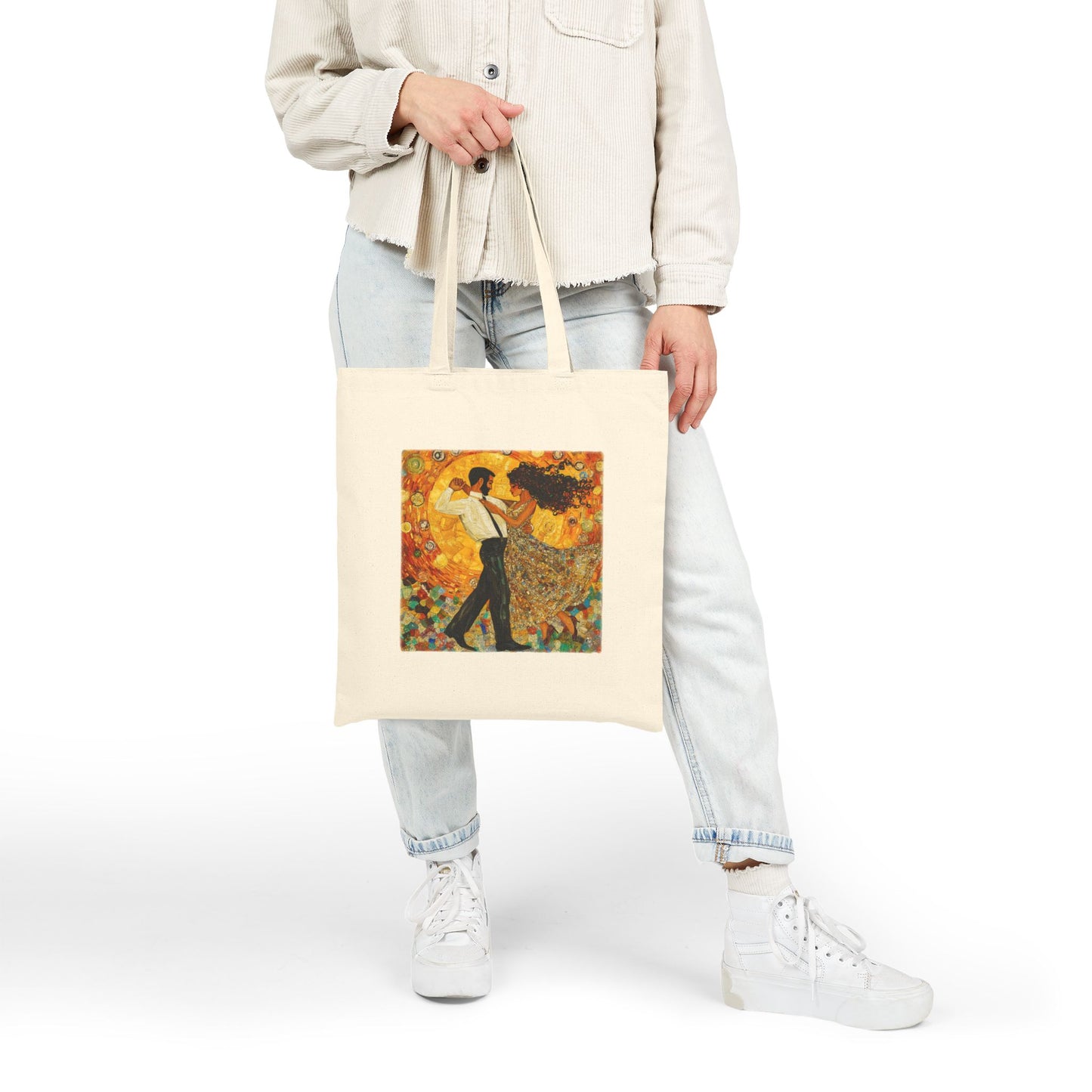 Golden Rhythm Couple Tote Bag | Mosaic Latin Dancers Art | Klimt-Inspired Dance Bag | Salsa Bachata Carry All | BailaFashion Dance Lifestyle