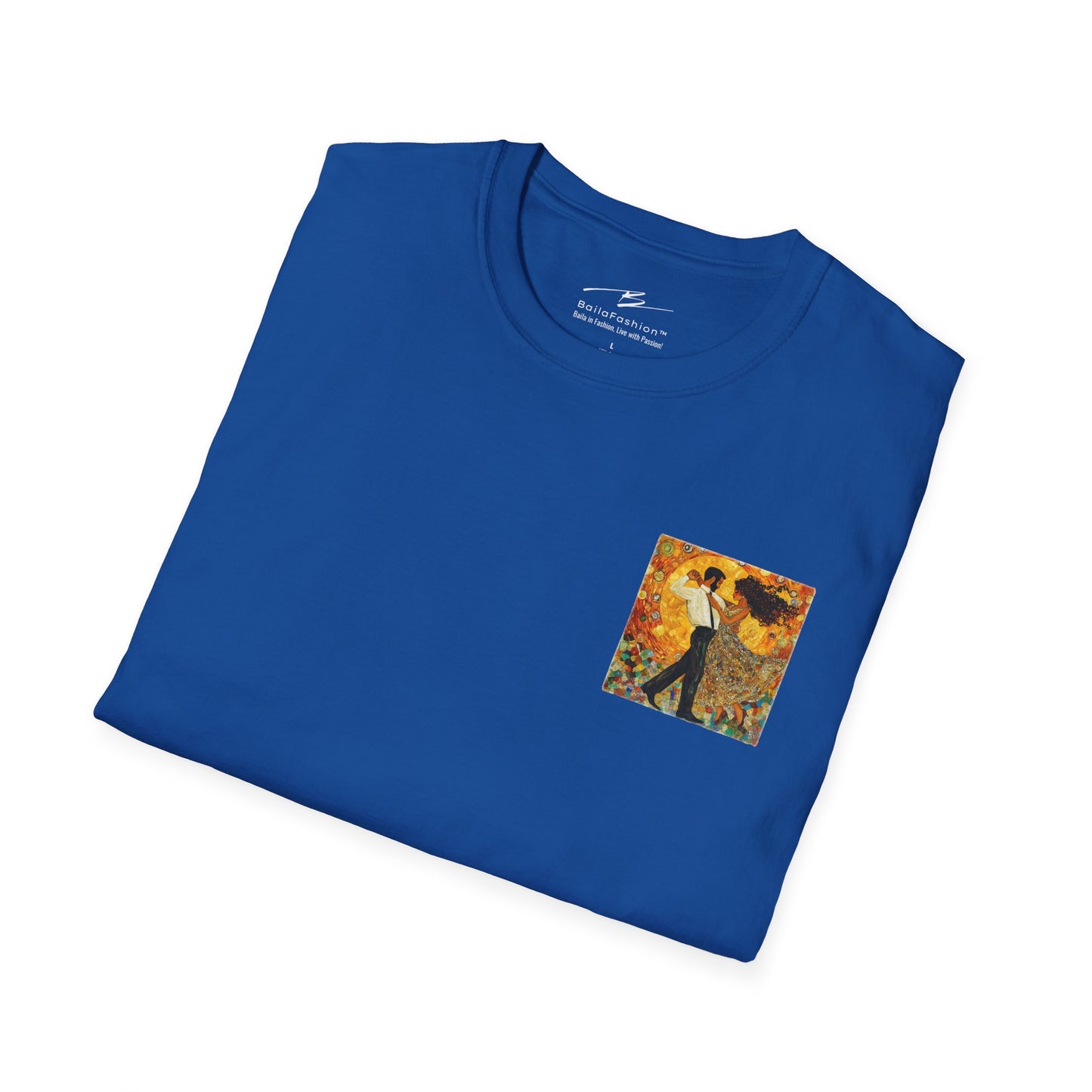 Golden Rhythm Pocket Print T-Shirt | Klimt-Inspired Latin Dance Art | Salsa Bachata Couple Top | Unisex Practice Tee | Studio Dance Wear
