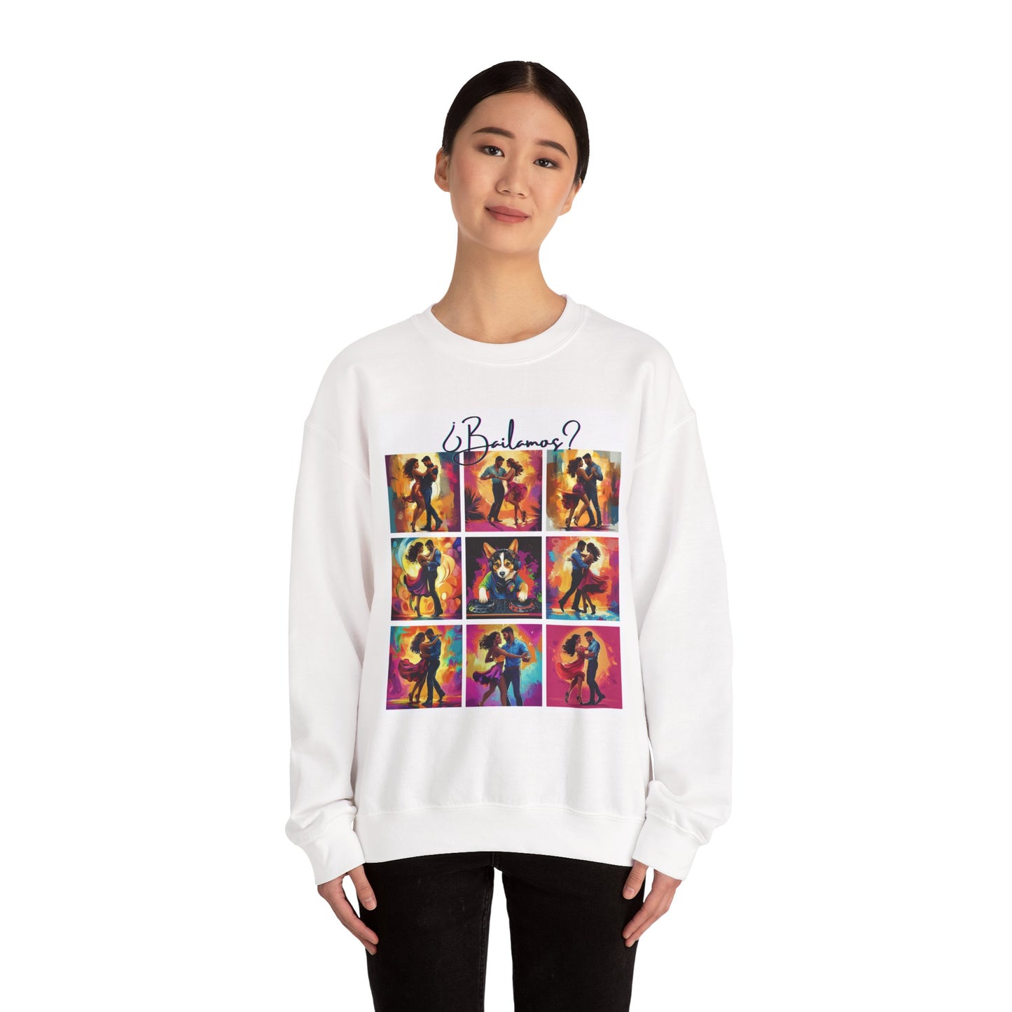 Bailamos? Latin Dance Collage Sweatshirt | DJ Corgi Salsa Bachata Art | Colorful Dance Couple | BailaFashion Sweater | Dance Practice Wear