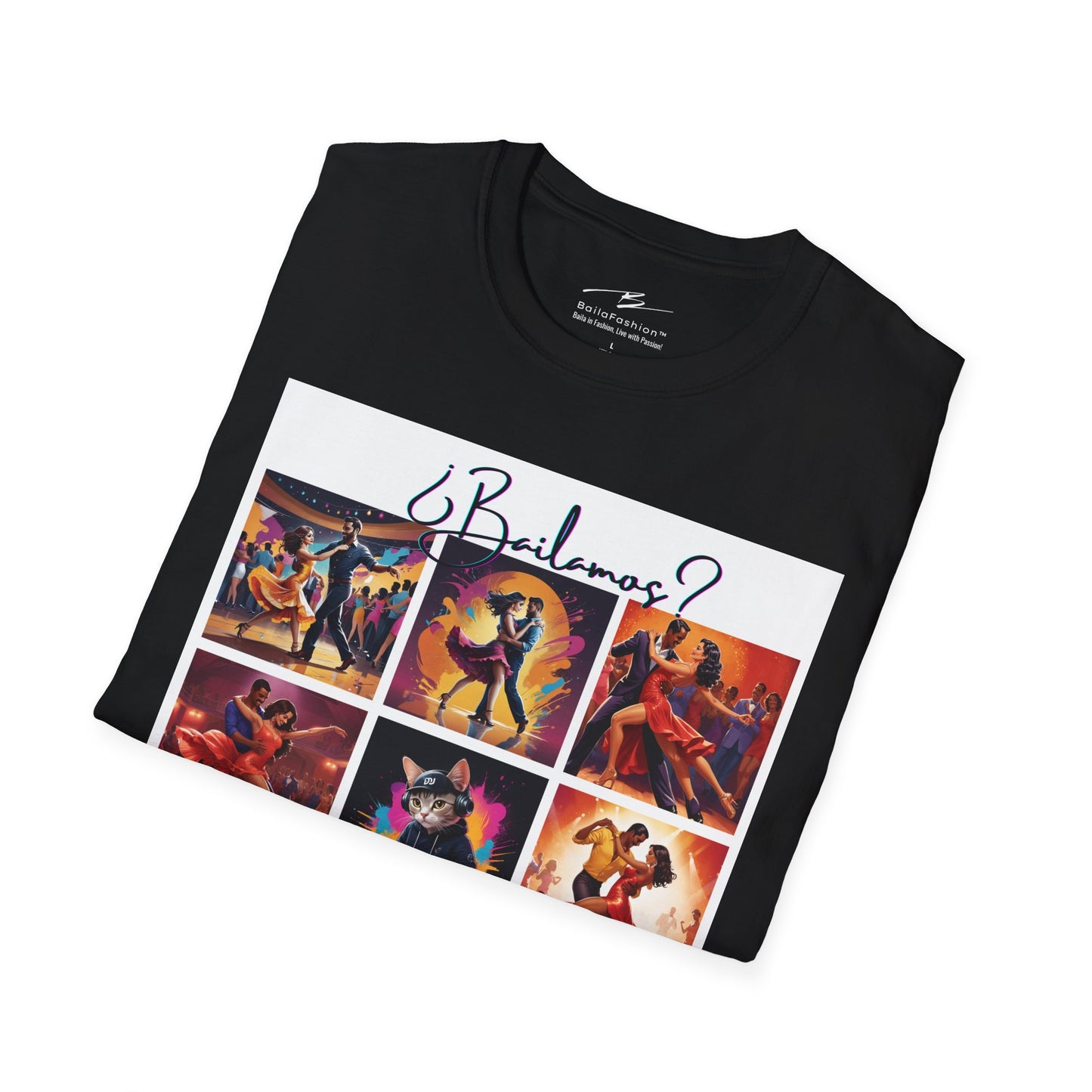 Bailamos? Latin Dance Collage T-Shirt | DJ Cat Salsa Bachata Scenes | Vibrant Dancer Art | BailaFashion Streetwear | Dance Practice Tee