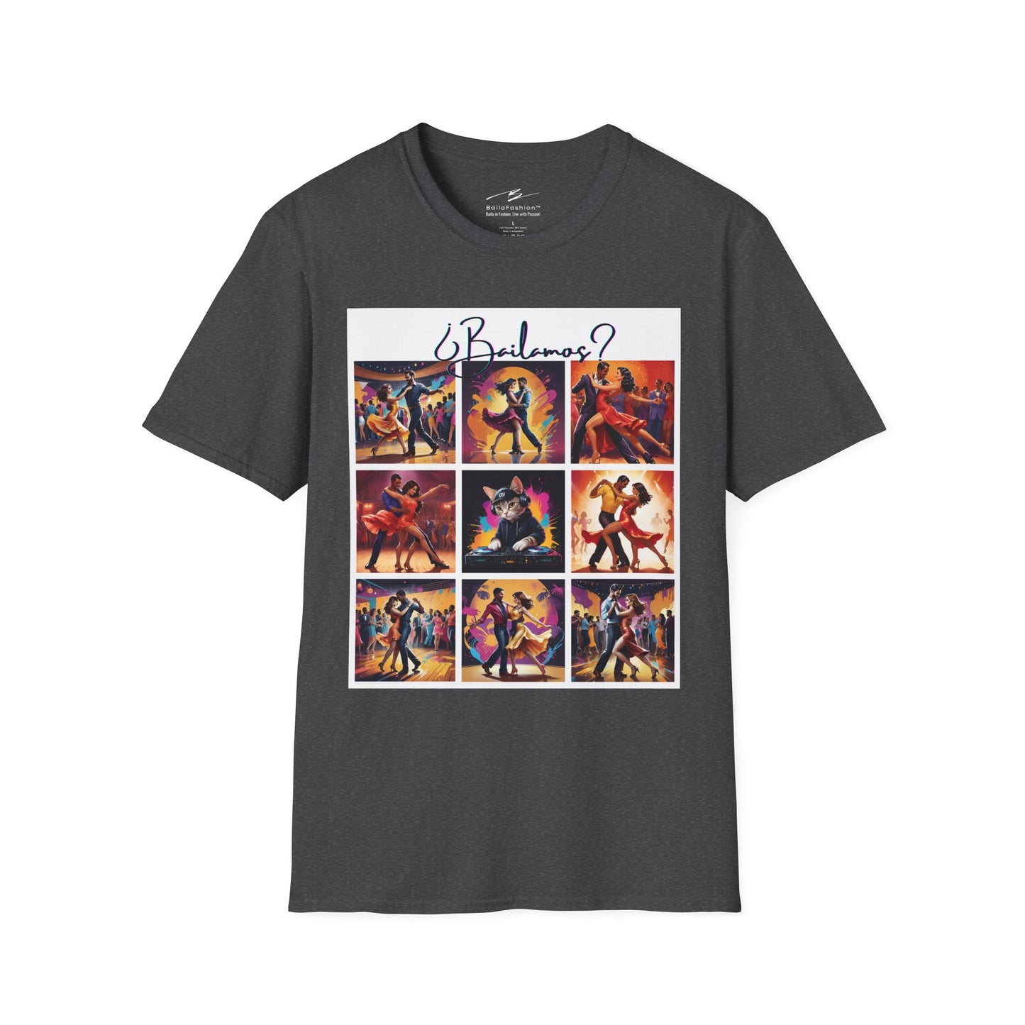 Bailamos? Latin Dance Collage T-Shirt | DJ Cat Salsa Bachata Scenes | Vibrant Dancer Art | BailaFashion Streetwear | Dance Practice Tee