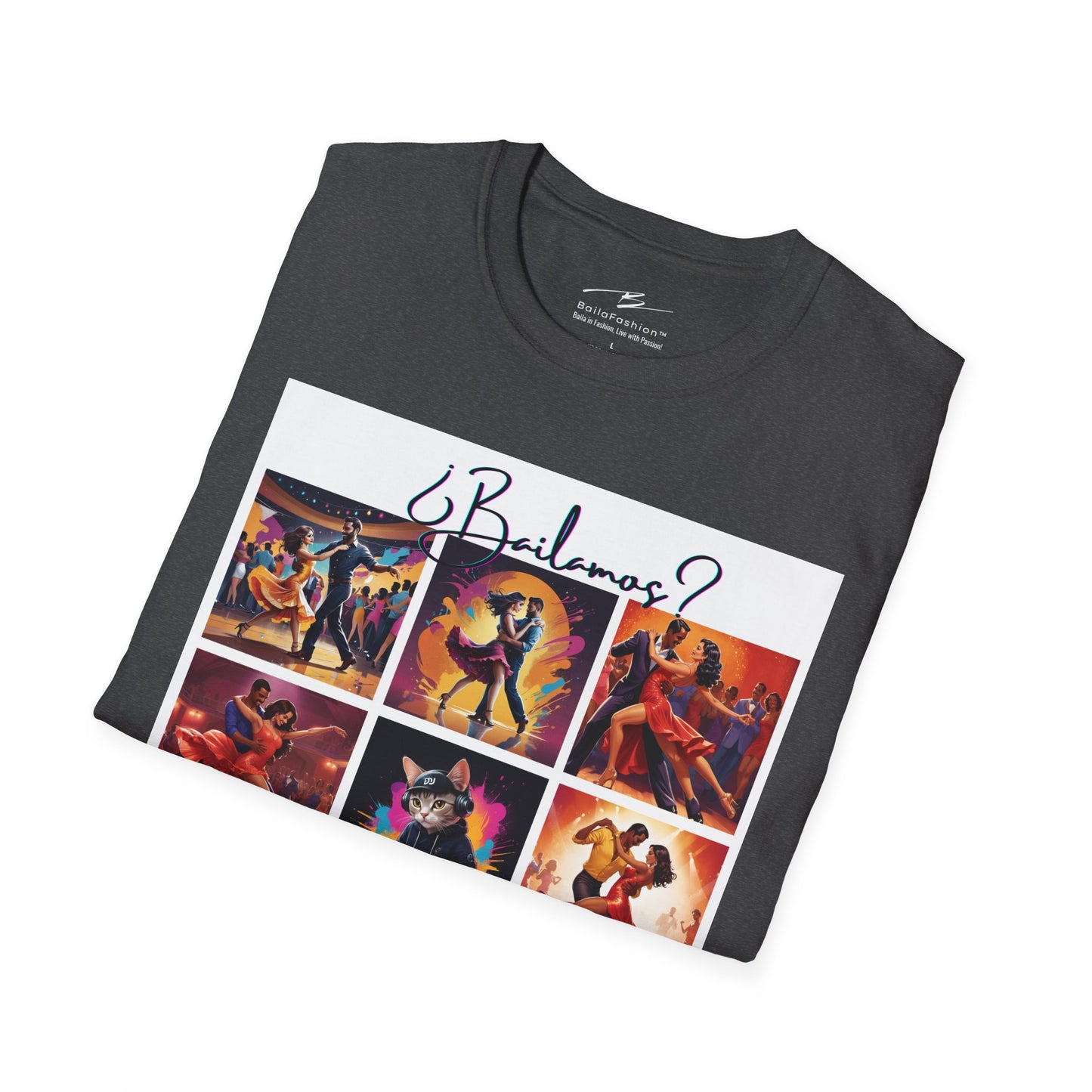 Bailamos? Latin Dance Collage T-Shirt | DJ Cat Salsa Bachata Scenes | Vibrant Dancer Art | BailaFashion Streetwear | Dance Practice Tee