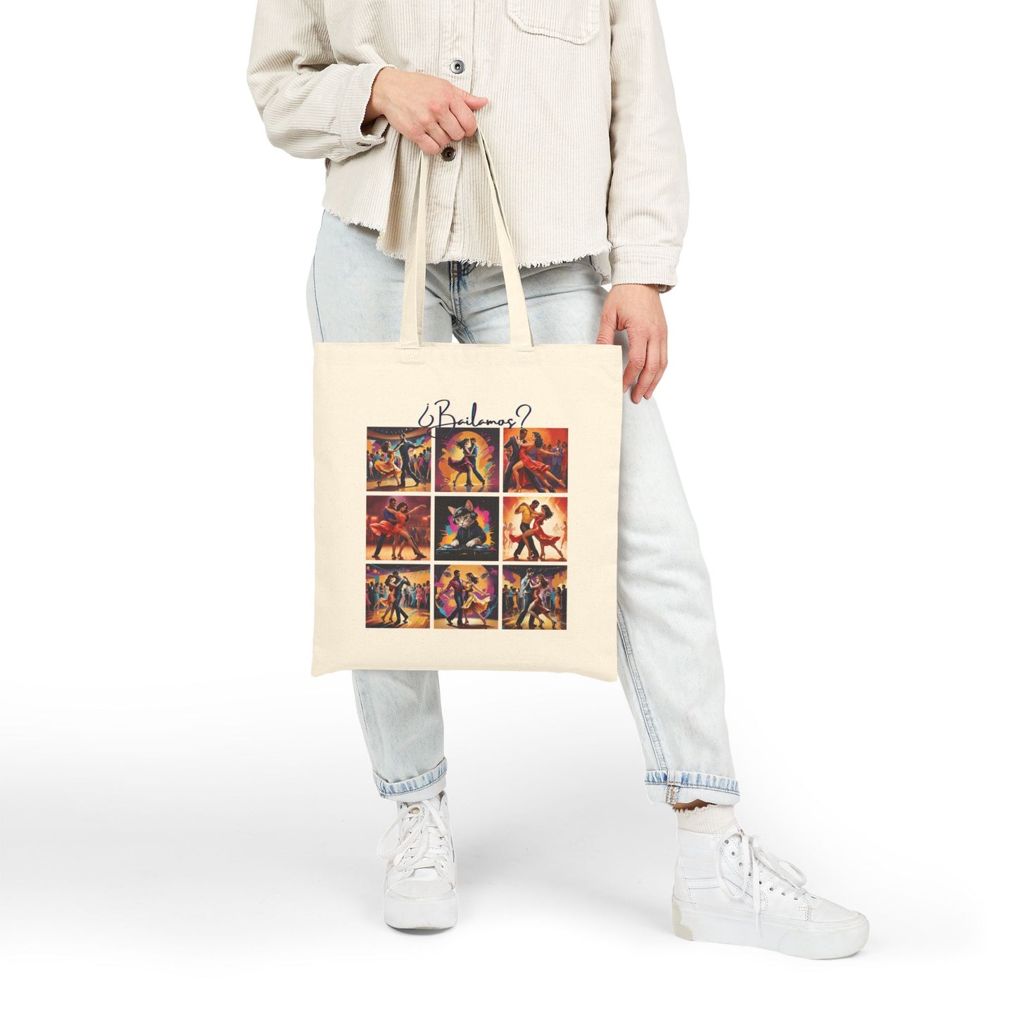 Bailamos Salsa Dance Grid Tote Bag | DJ Cat Collage Art | Latin Dance Couple Illustration | Dancer Gift | BailaFashion Dance Lifestyle