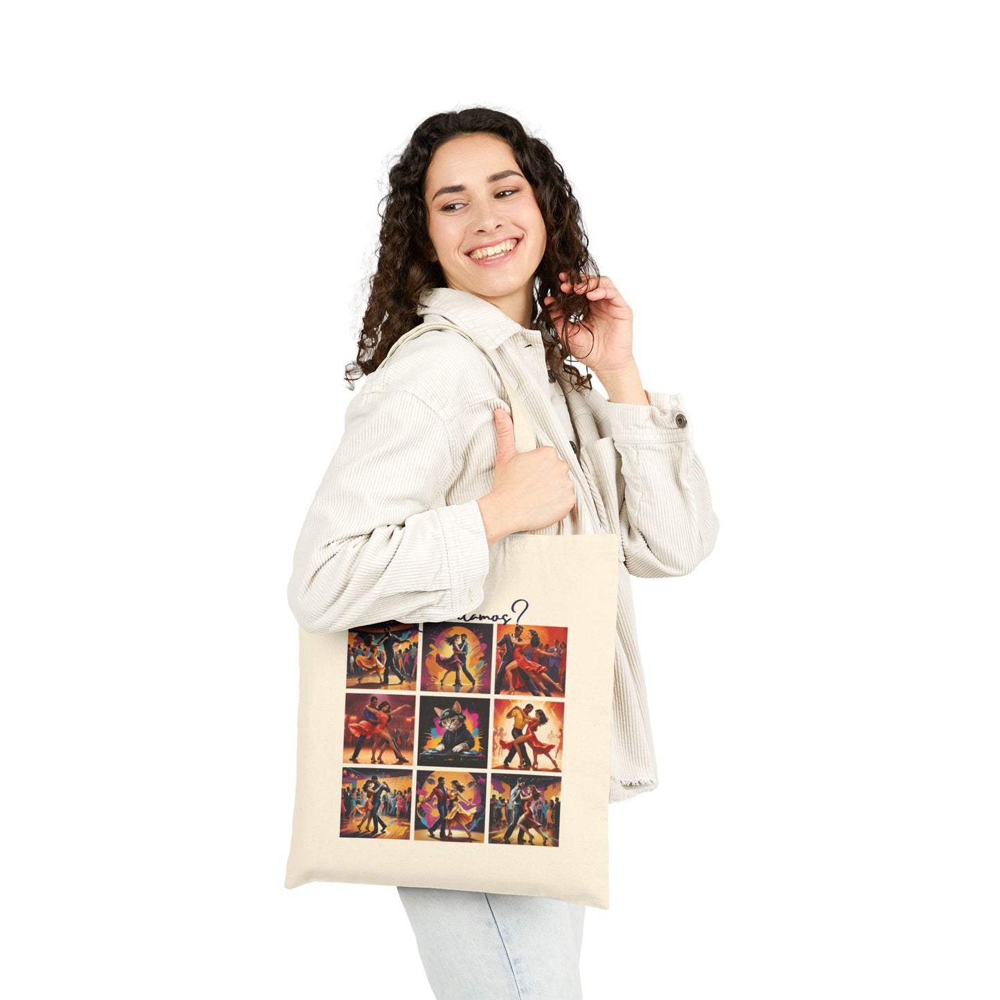 Bailamos Salsa Dance Grid Tote Bag | DJ Cat Collage Art | Latin Dance Couple Illustration | Dancer Gift | BailaFashion Dance Lifestyle