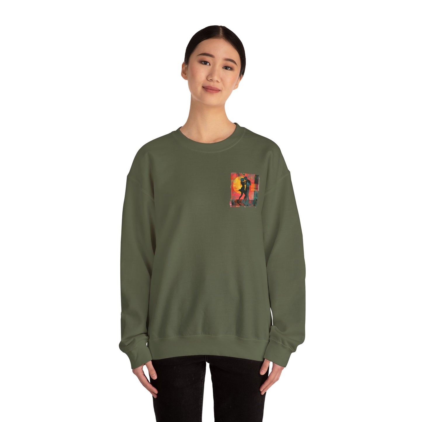 Sunset Romance Pocket Print Sweatshirt | Latin Dance Couple Silhouette | Salsa Bachata Jazz HipHop Lovers | White Crewneck | BailaFashion