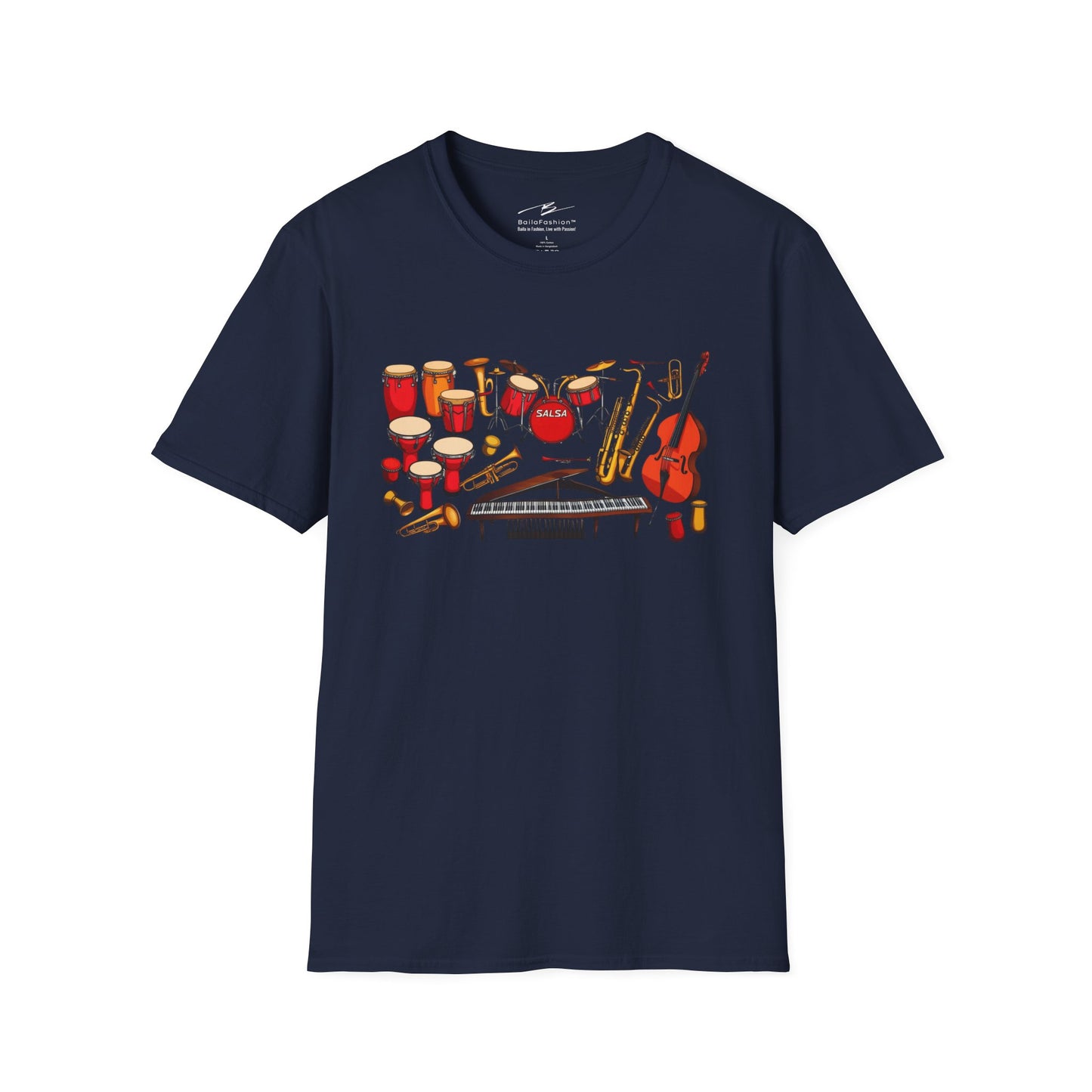 Salsa Orchestra Instruments T-Shirt | Latin Music Band Art | Musician Dancer Gift | Vibrant Red Gold Design | Comfy Couple Casual Wear