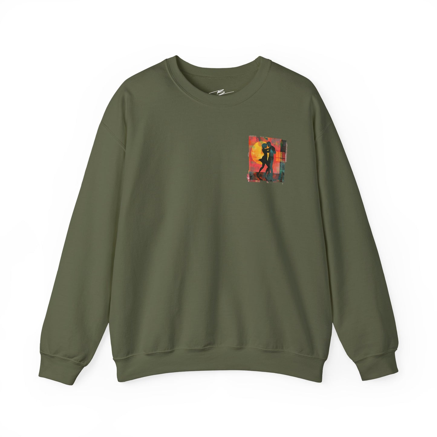 Sunset Romance Pocket Print Sweatshirt | Latin Dance Couple Silhouette | Salsa Bachata Jazz HipHop Lovers | White Crewneck | BailaFashion