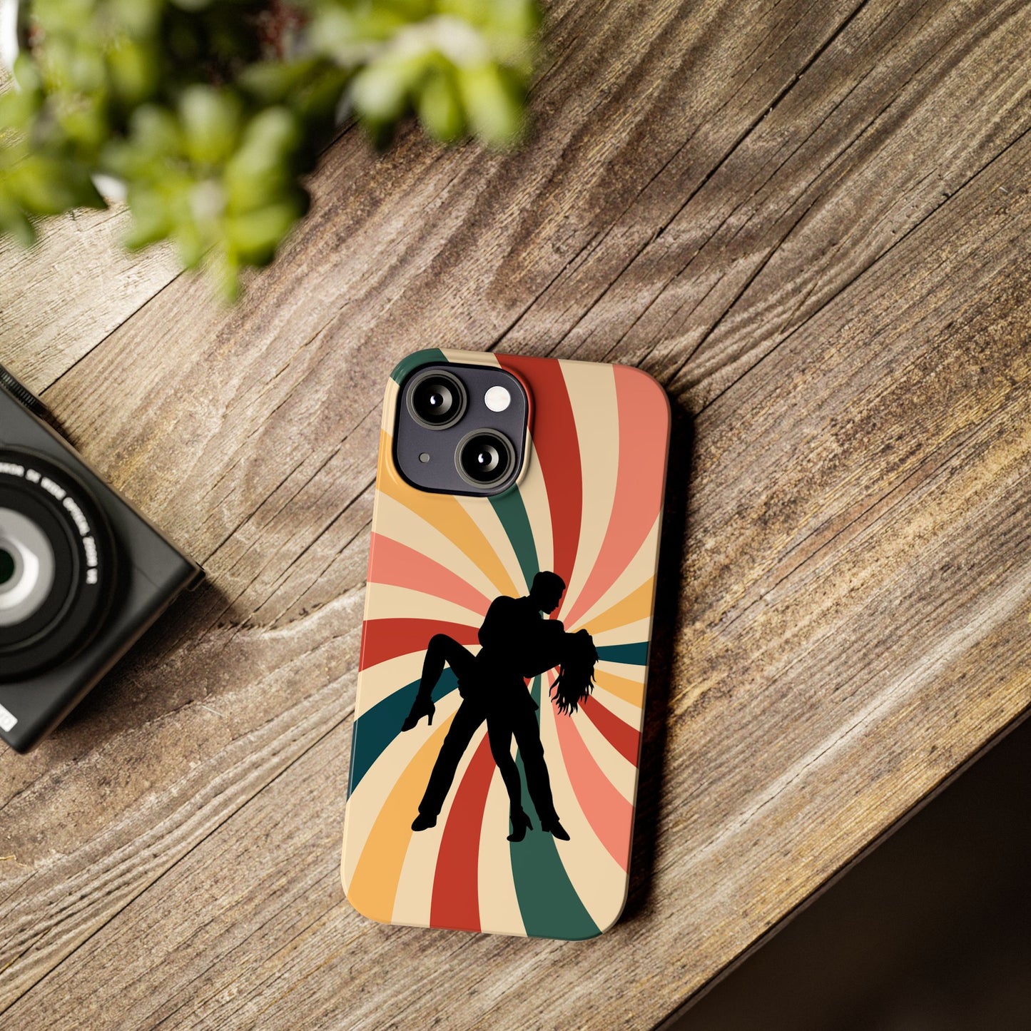 Dramatic Dip iPhone Case | Retro Swirl Background | Latin Dance Silhouettes | Vintage Dance Art | BailaFashion Dance Lifestyle