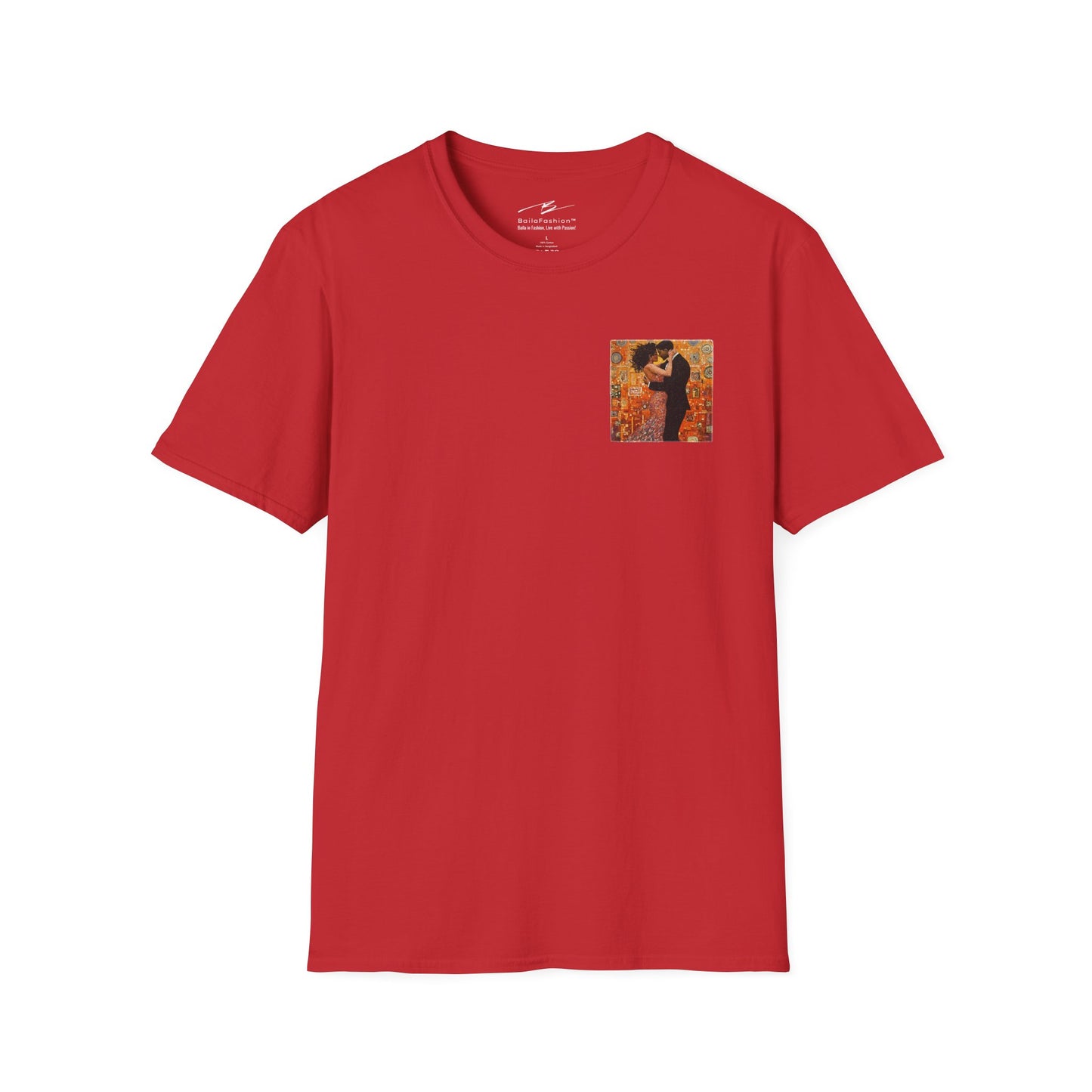 Amber Embrace Pocket Print T-Shirt | Klimt-Inspired Latin Dance Art | Salsa Bachata Couple Top | Unisex Studio Wear | Dance Lifestyle