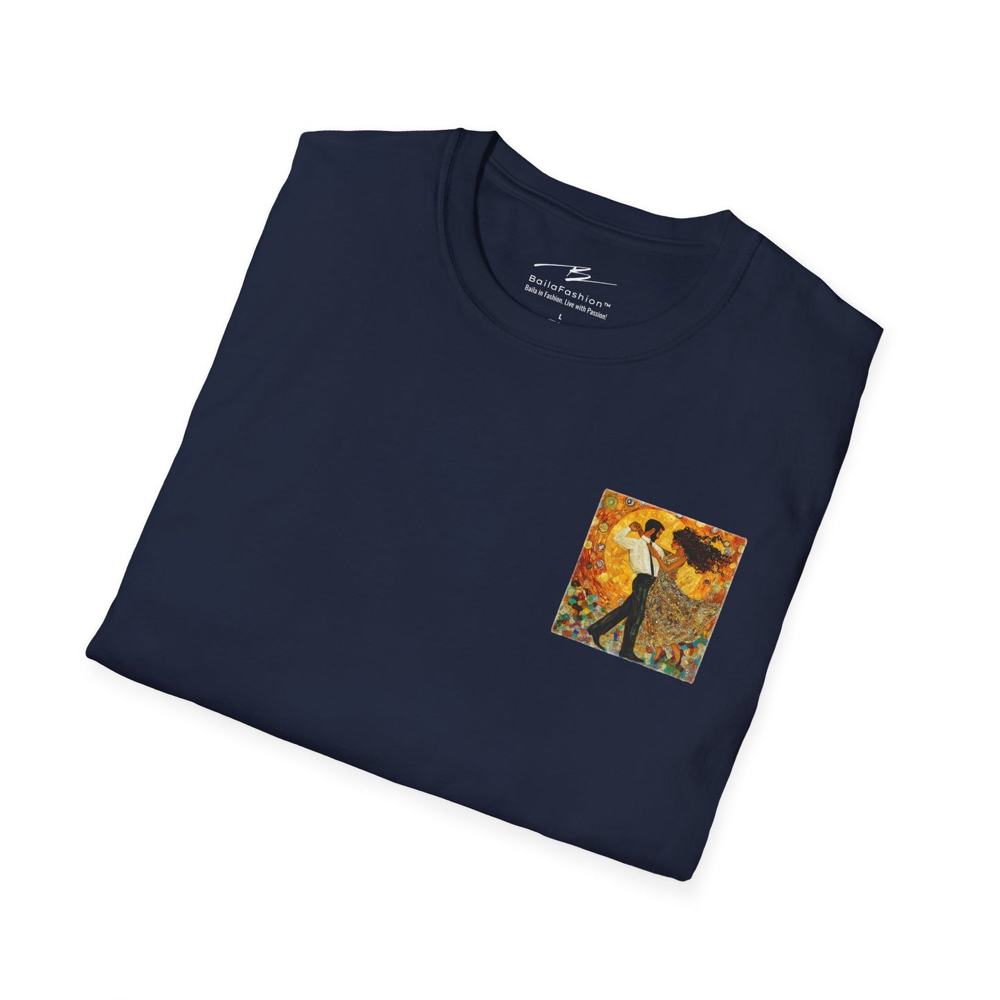 Golden Rhythm Pocket Print T-Shirt | Klimt-Inspired Latin Dance Art | Salsa Bachata Couple Top | Unisex Practice Tee | Studio Dance Wear