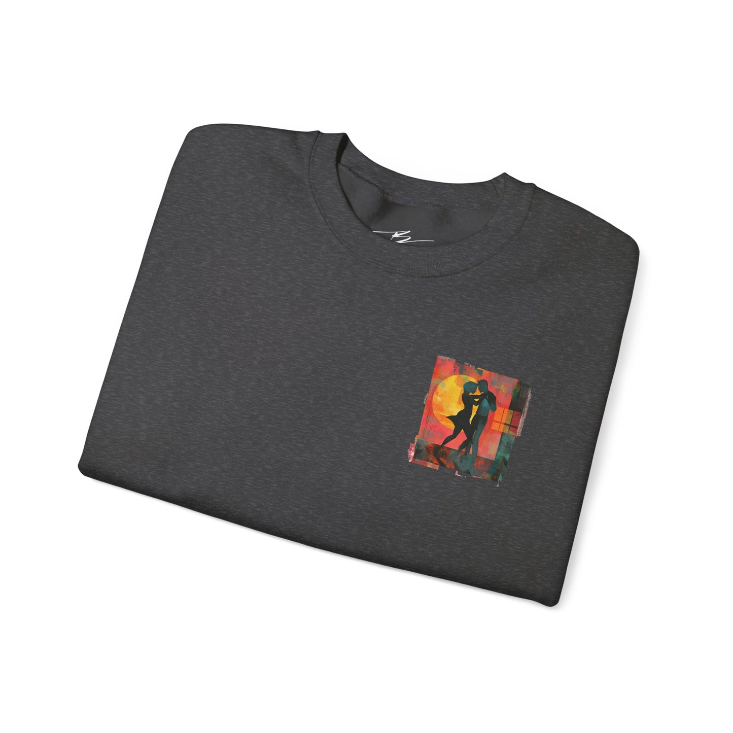 Sunset Romance Pocket Print Sweatshirt | Latin Dance Couple Silhouette | Salsa Bachata Jazz HipHop Lovers | White Crewneck | BailaFashion