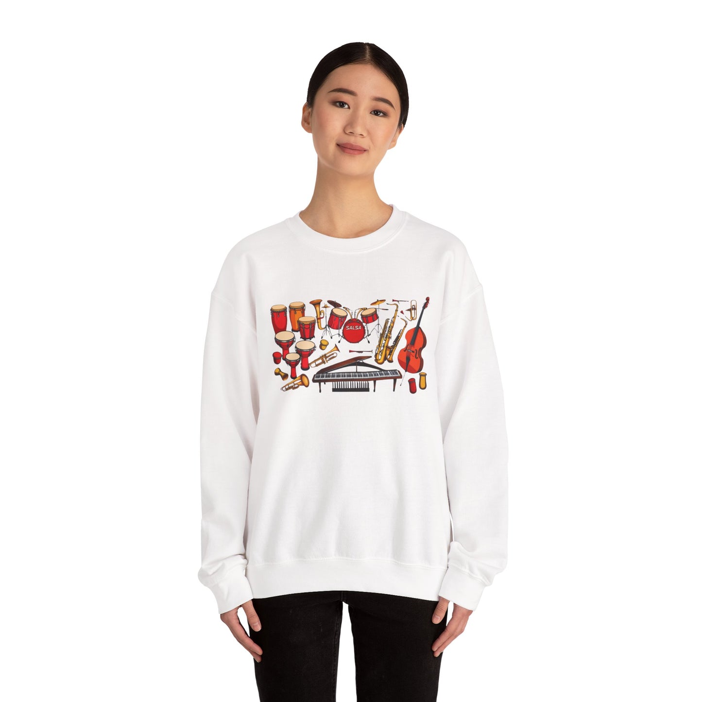 Salsa Orchestra Instruments Sweatshirt | Latin Music Band Art | Musician Dancer Gift | Vibrant Red Gold Design | Comfy Casual Couple Wear