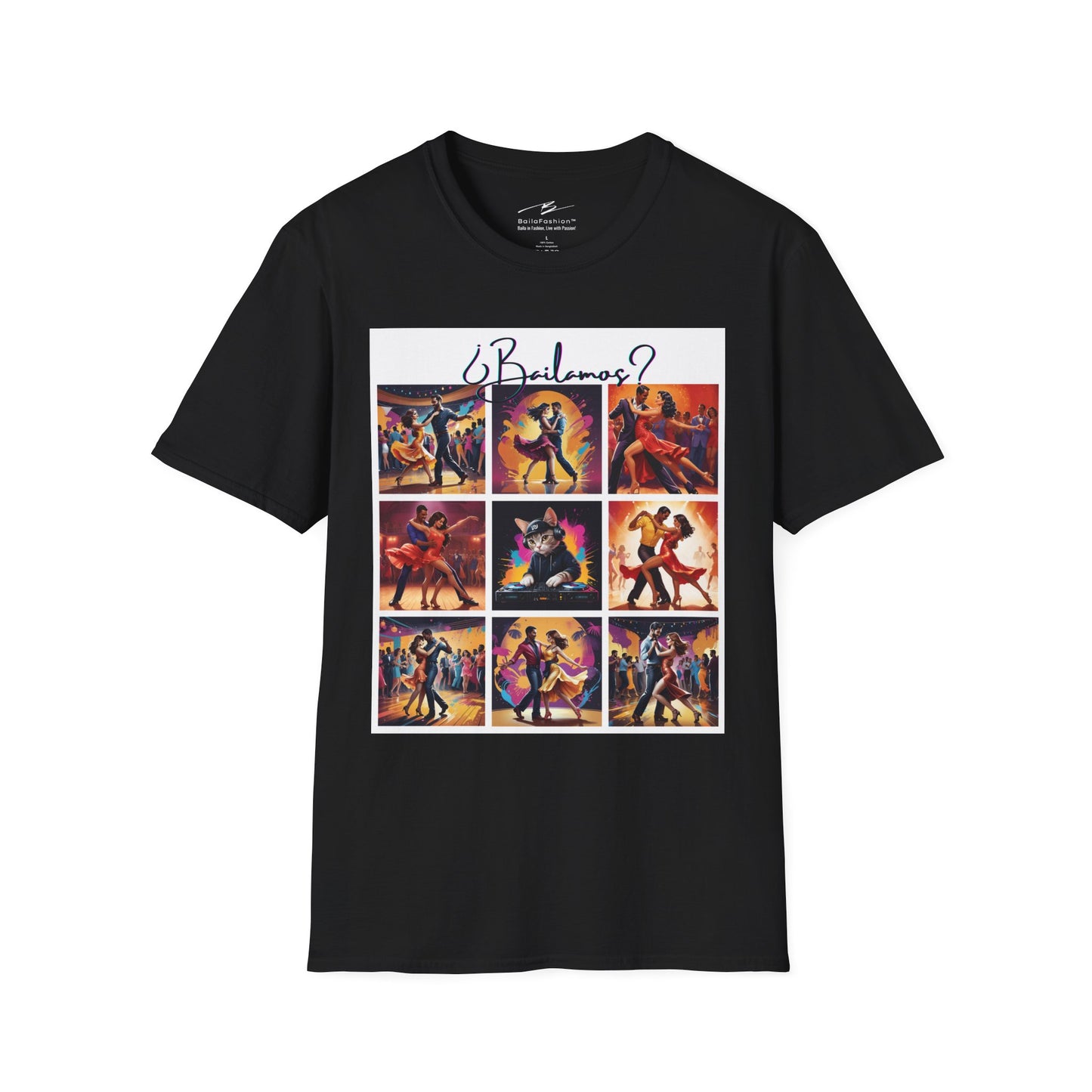 Bailamos? Latin Dance Collage T-Shirt | DJ Cat Salsa Bachata Scenes | Vibrant Dancer Art | BailaFashion Streetwear | Dance Practice Tee
