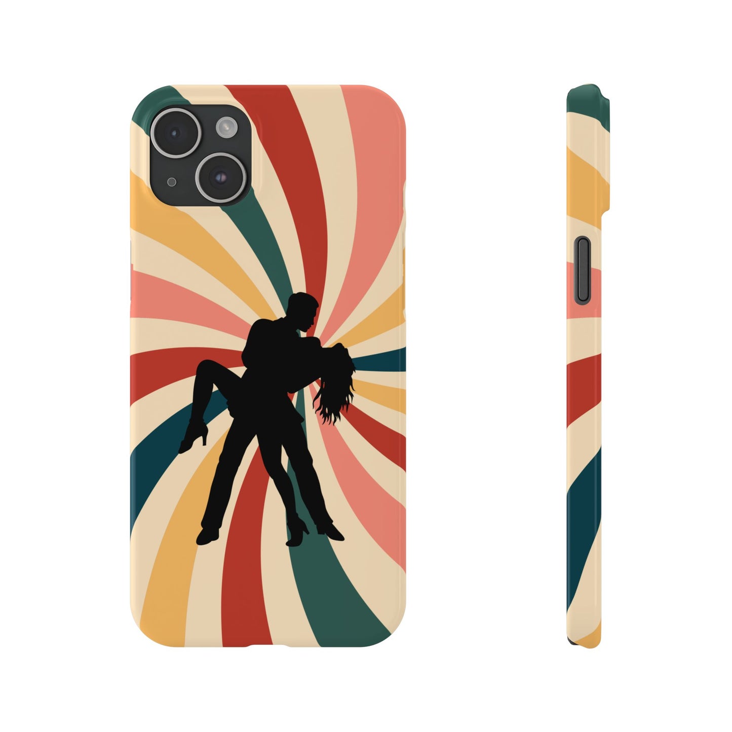 Dramatic Dip iPhone Case | Retro Swirl Background | Latin Dance Silhouettes | Vintage Dance Art | BailaFashion Dance Lifestyle