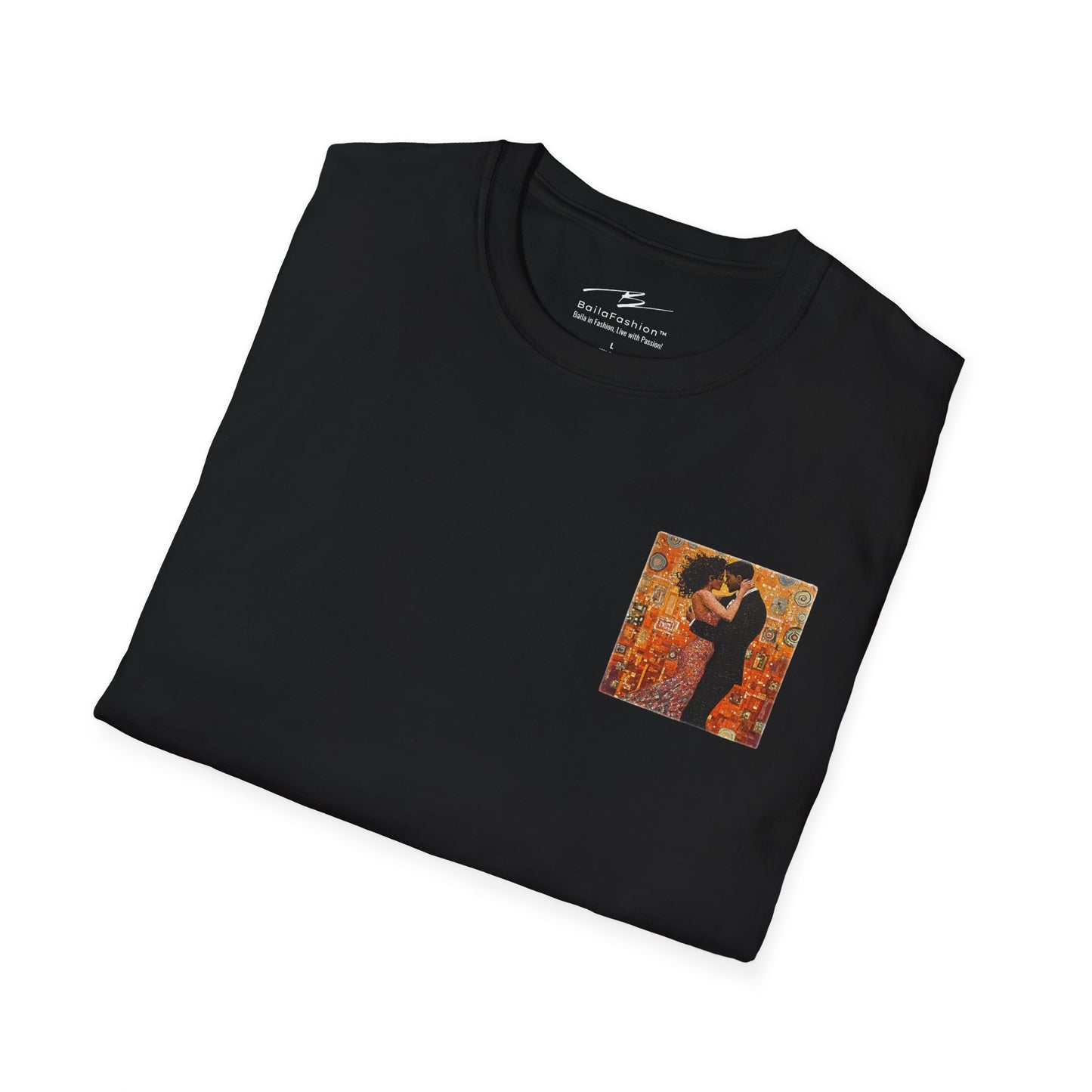 Amber Embrace Pocket Print T-Shirt | Klimt-Inspired Latin Dance Art | Salsa Bachata Couple Top | Unisex Studio Wear | Dance Lifestyle