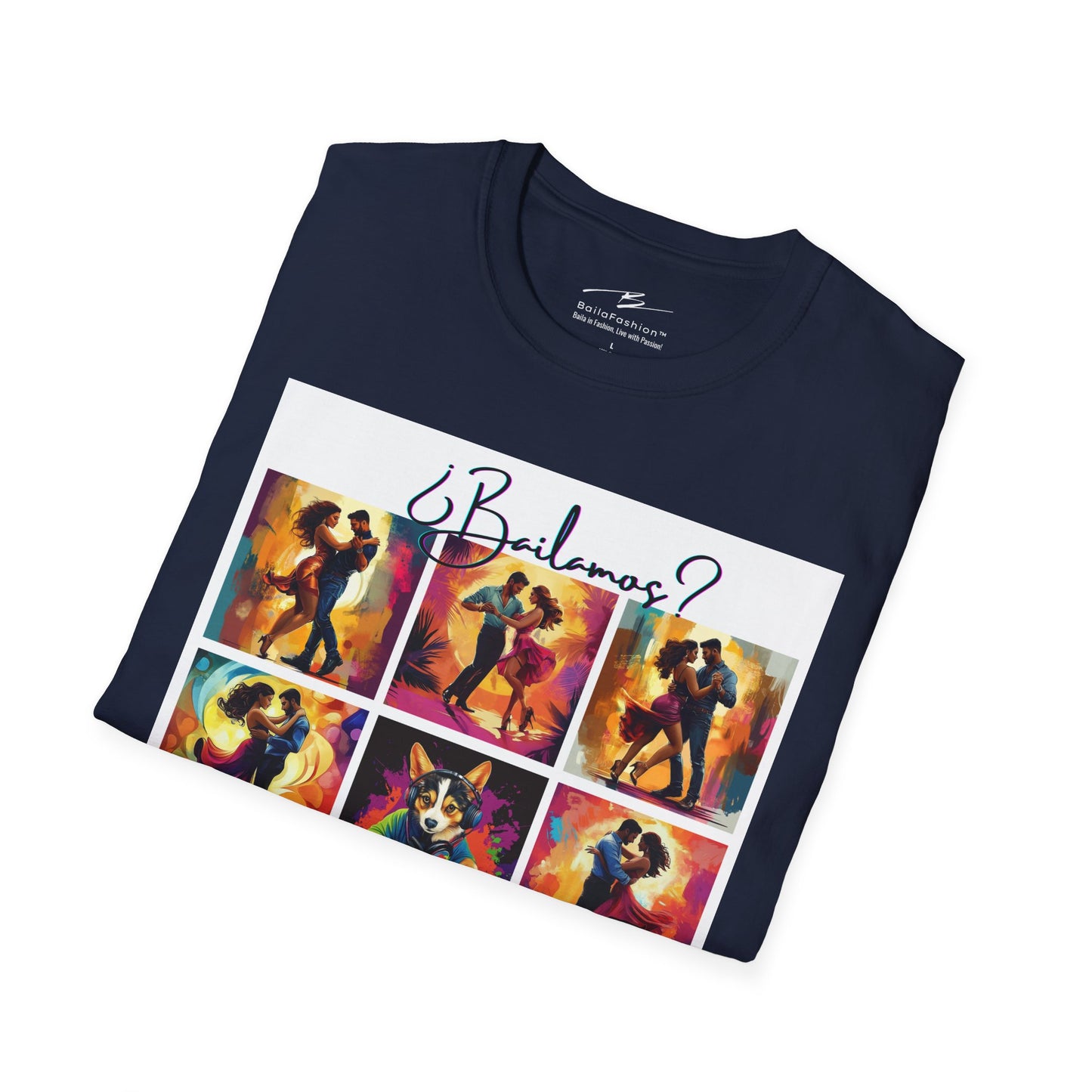 Bailamos? Latin Dance Collage T-Shirt | DJ Dog Salsa Bachata Scenes | Vibrant Dance Art | BailaFashion Streetwear | Dance Practice Tee