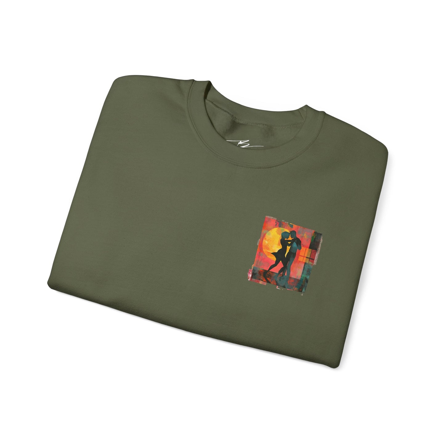 Sunset Romance Pocket Print Sweatshirt | Latin Dance Couple Silhouette | Salsa Bachata Jazz HipHop Lovers | White Crewneck | BailaFashion