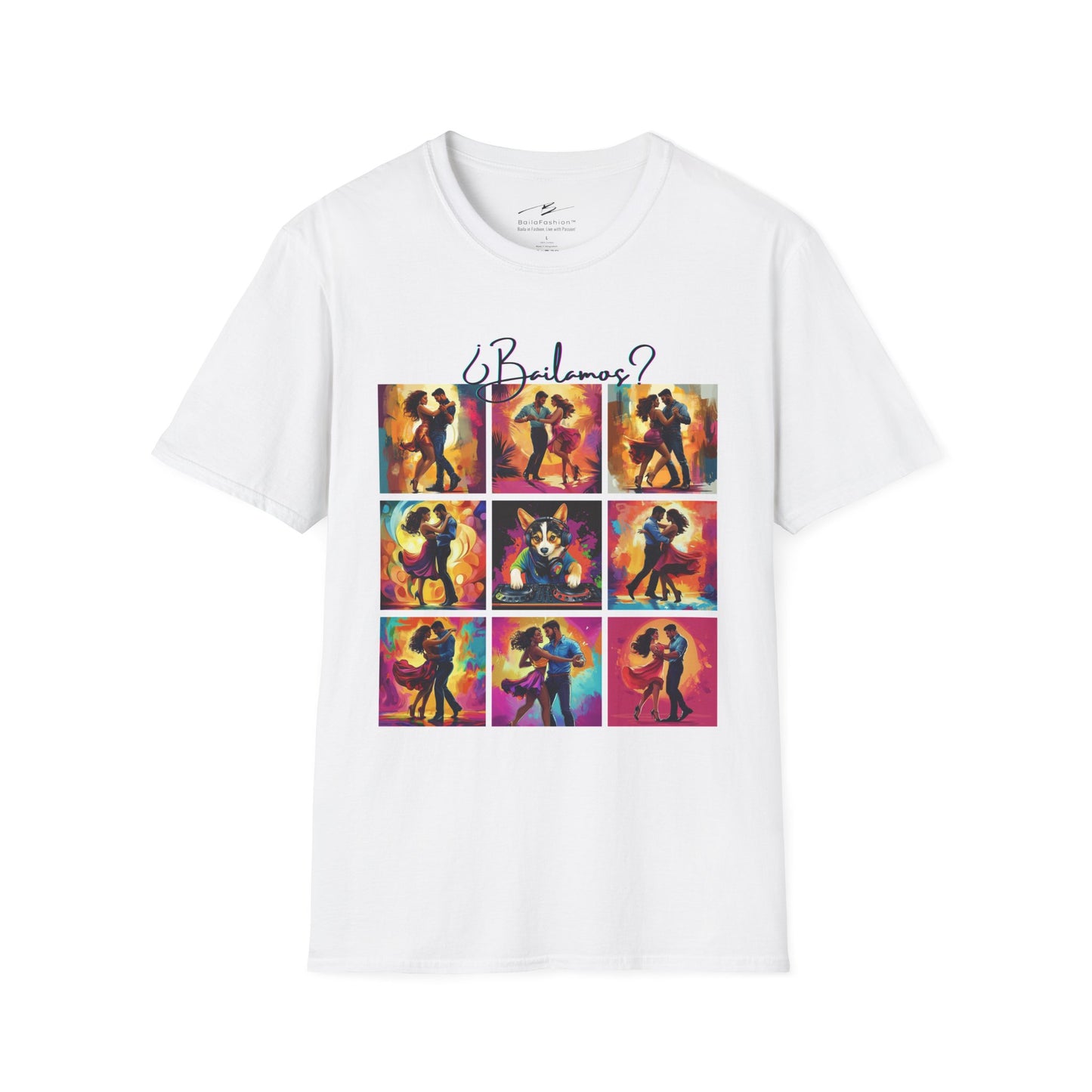 Bailamos? Latin Dance Collage T-Shirt | DJ Dog Salsa Bachata Scenes | Vibrant Dance Art | BailaFashion Streetwear | Dance Practice Tee
