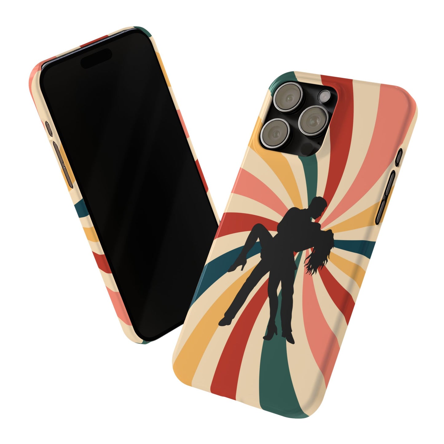Dramatic Dip iPhone Case | Retro Swirl Background | Latin Dance Silhouettes | Vintage Dance Art | BailaFashion Dance Lifestyle