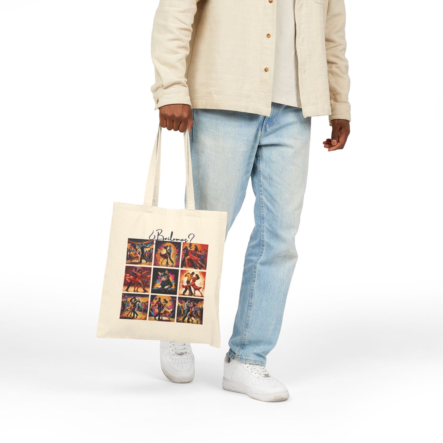 Bailamos Salsa Dance Grid Tote Bag | DJ Cat Collage Art | Latin Dance Couple Illustration | Dancer Gift | BailaFashion Dance Lifestyle