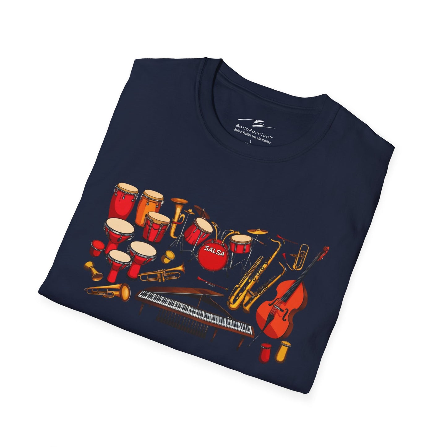 Salsa Orchestra Instruments T-Shirt | Latin Music Band Art | Musician Dancer Gift | Vibrant Red Gold Design | Comfy Couple Casual Wear