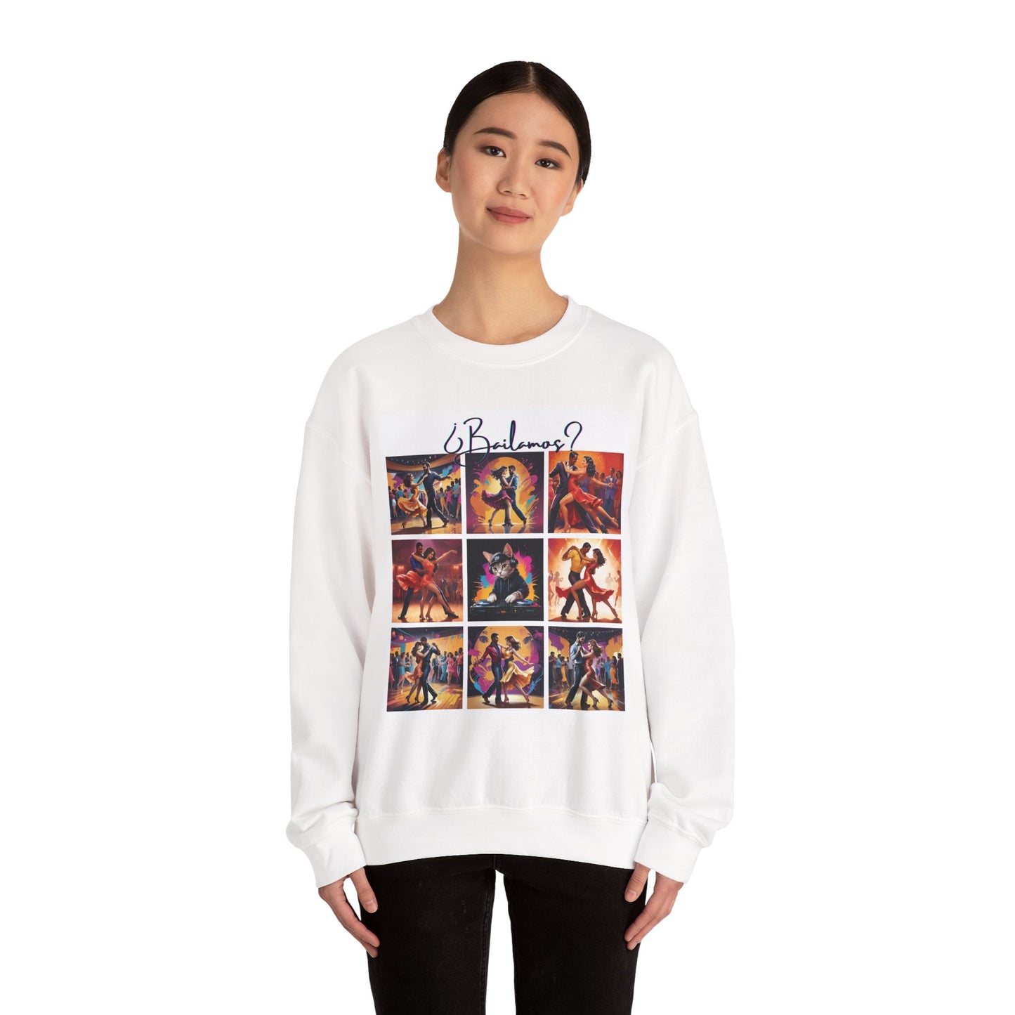 Bailamos? Latin Dance Collage Sweatshirt | DJ Cat Salsa Bachata Art | Vibrant Social Dancing | BailaFashion Streewear | Dance Practice Wear