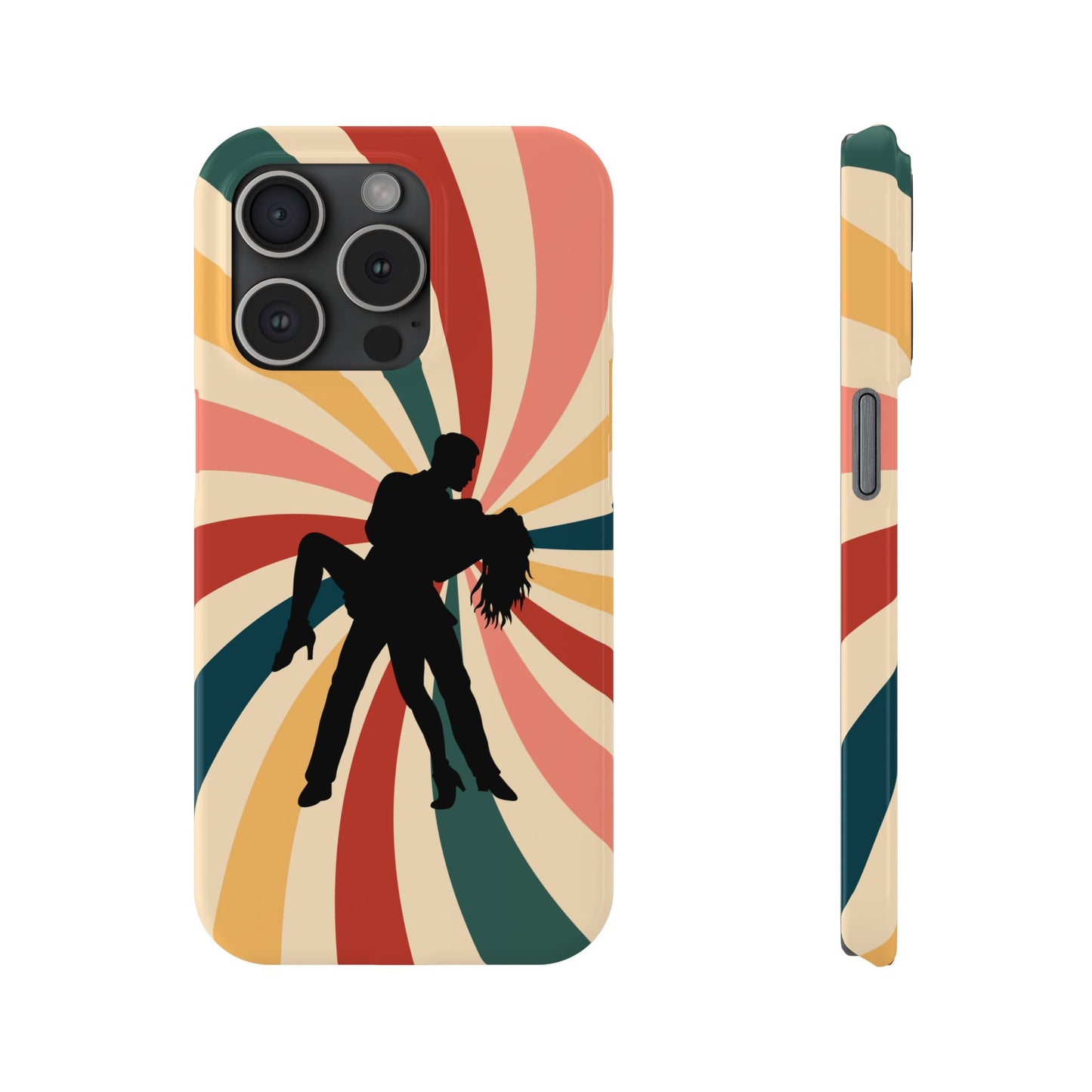 Dramatic Dip iPhone Case | Retro Swirl Background | Latin Dance Silhouettes | Vintage Dance Art | BailaFashion Dance Lifestyle