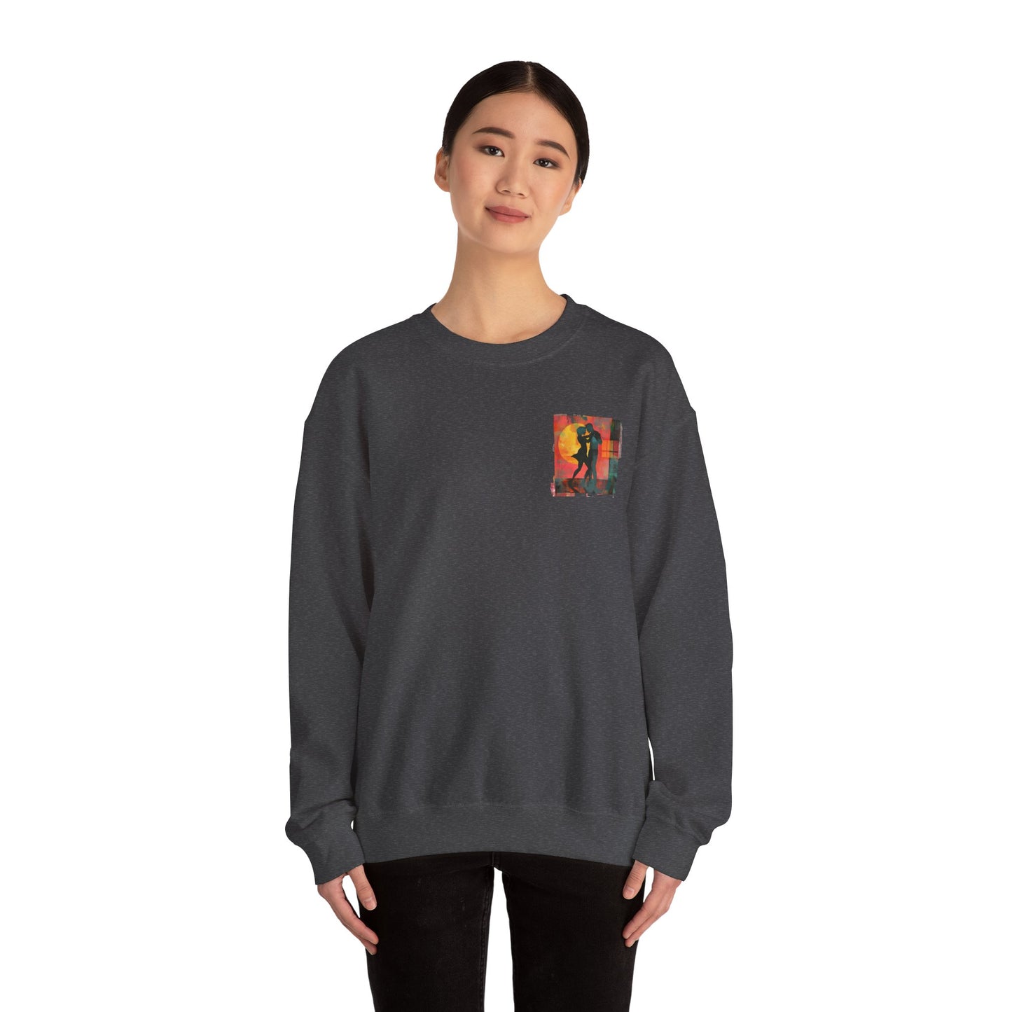 Sunset Romance Pocket Print Sweatshirt | Latin Dance Couple Silhouette | Salsa Bachata Jazz HipHop Lovers | White Crewneck | BailaFashion
