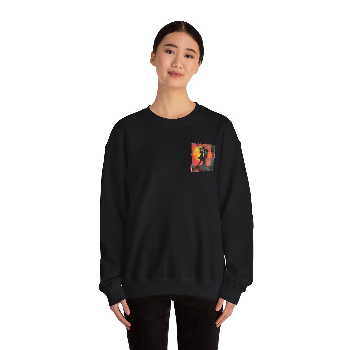 Sunset Romance Pocket Print Sweatshirt | Latin Dance Couple Silhouette | Salsa Bachata Jazz HipHop Lovers | White Crewneck | BailaFashion