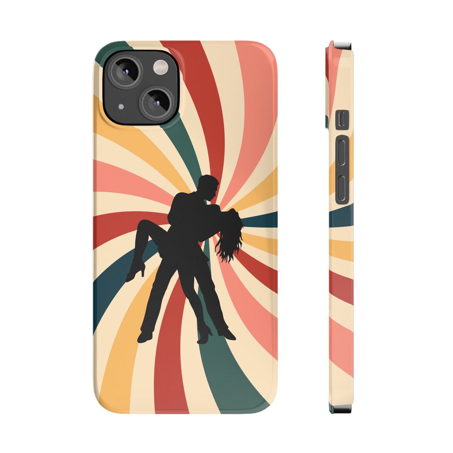 Dramatic Dip iPhone Case | Retro Swirl Background | Latin Dance Silhouettes | Vintage Dance Art | BailaFashion Dance Lifestyle
