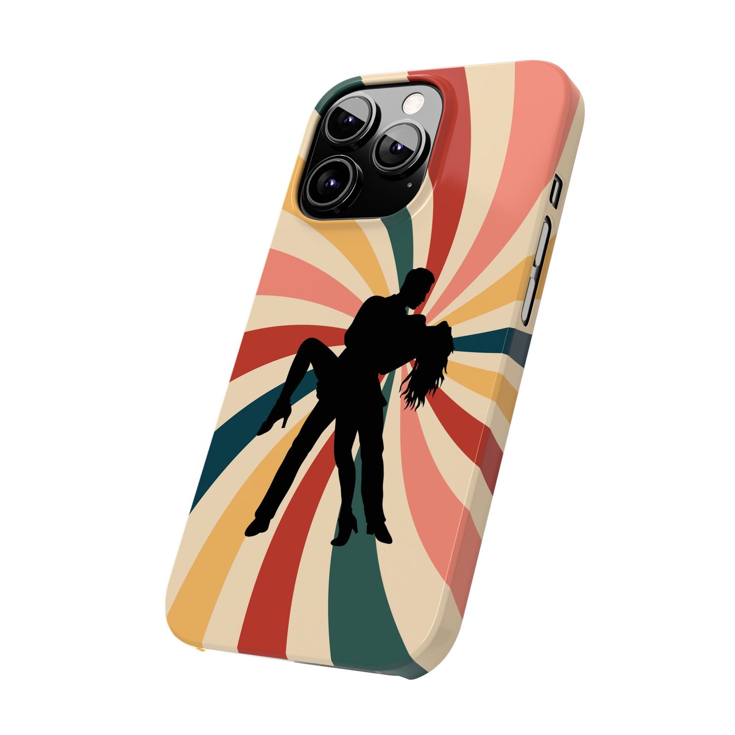 Dramatic Dip iPhone Case | Retro Swirl Background | Latin Dance Silhouettes | Vintage Dance Art | BailaFashion Dance Lifestyle