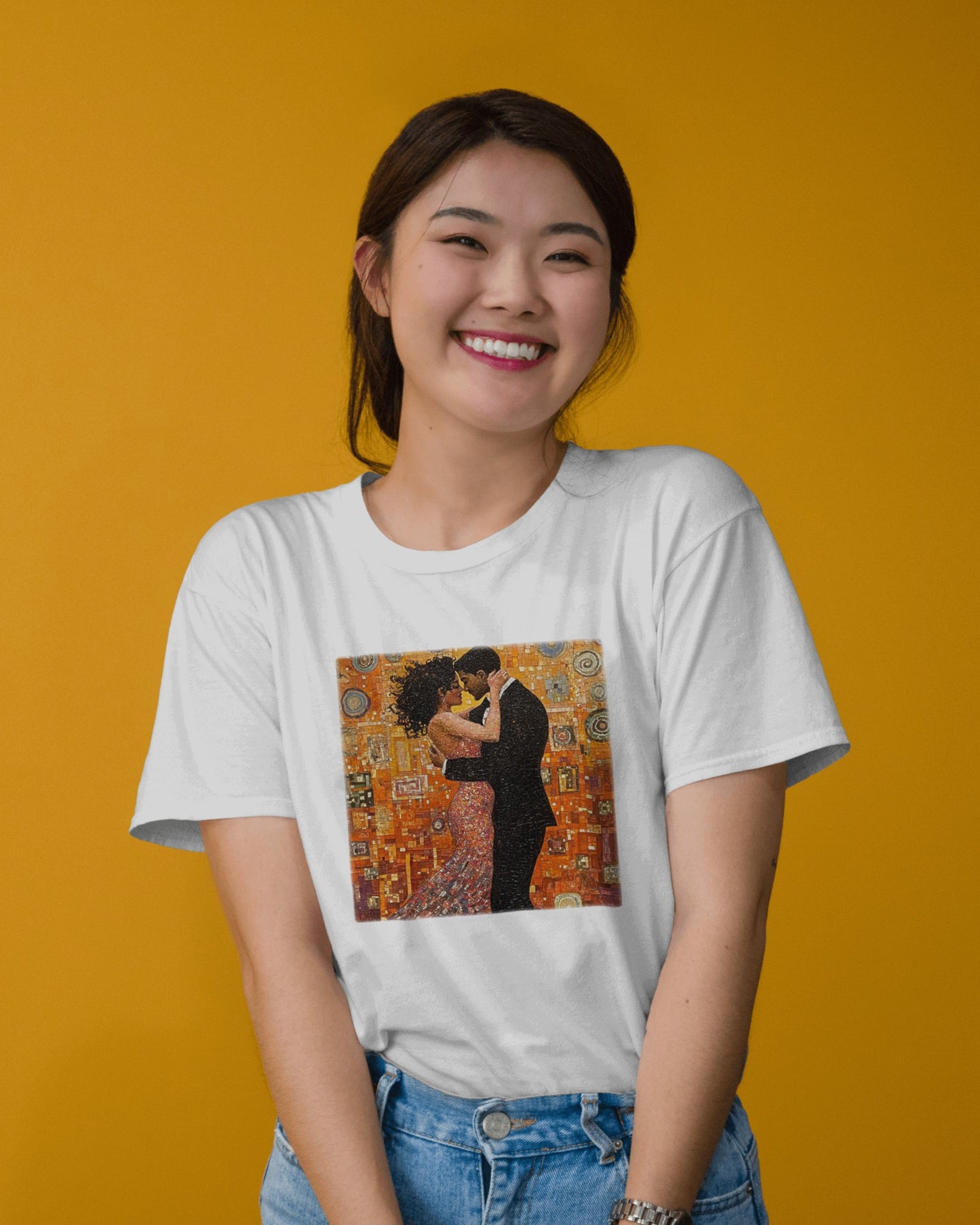 Amber Embrace T-Shirt | Klimt-Inspired Latin Dance Art | Salsa Bachata Couple | Dance Practice Wear | BailaFashion Streewear | Unisex Tee