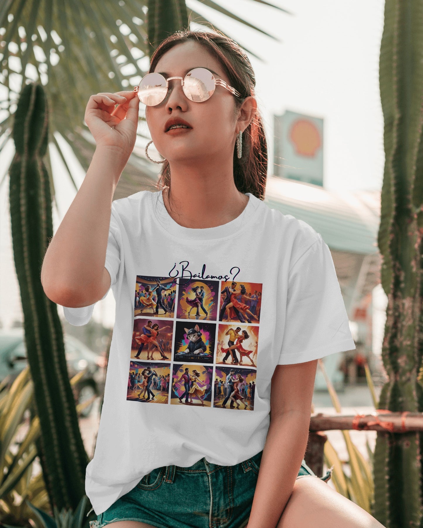 Bailamos? Latin Dance Collage T-Shirt | DJ Cat Salsa Bachata Scenes | Vibrant Dancer Art | BailaFashion Streetwear | Dance Practice Tee
