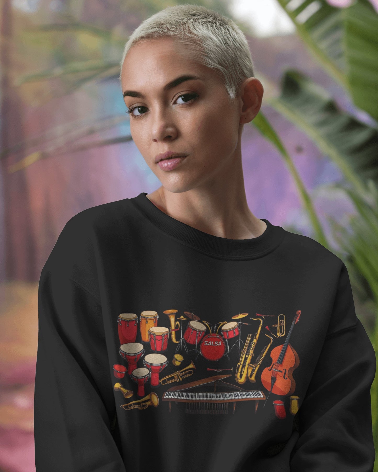 Salsa Orchestra Instruments Sweatshirt | Latin Music Band Art | Musician Dancer Gift | Vibrant Red Gold Design | Comfy Casual Couple Wear