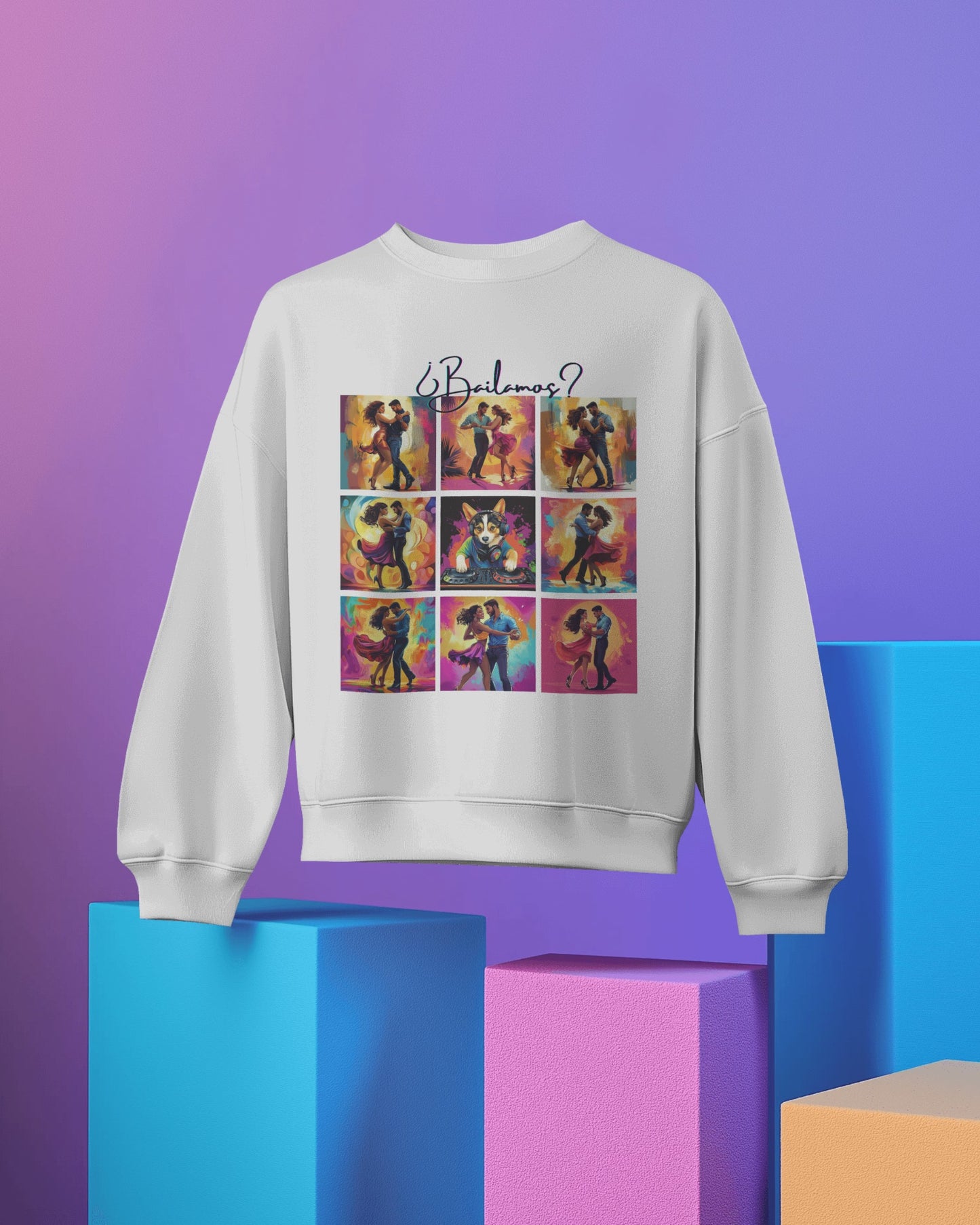 Bailamos? Latin Dance Collage Sweatshirt | DJ Corgi Salsa Bachata Art | Colorful Dance Couple | BailaFashion Sweater | Dance Practice Wear