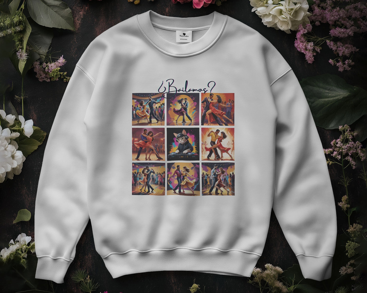 Bailamos? Latin Dance Collage Sweatshirt | DJ Cat Salsa Bachata Art | Vibrant Social Dancing | BailaFashion Streewear | Dance Practice Wear