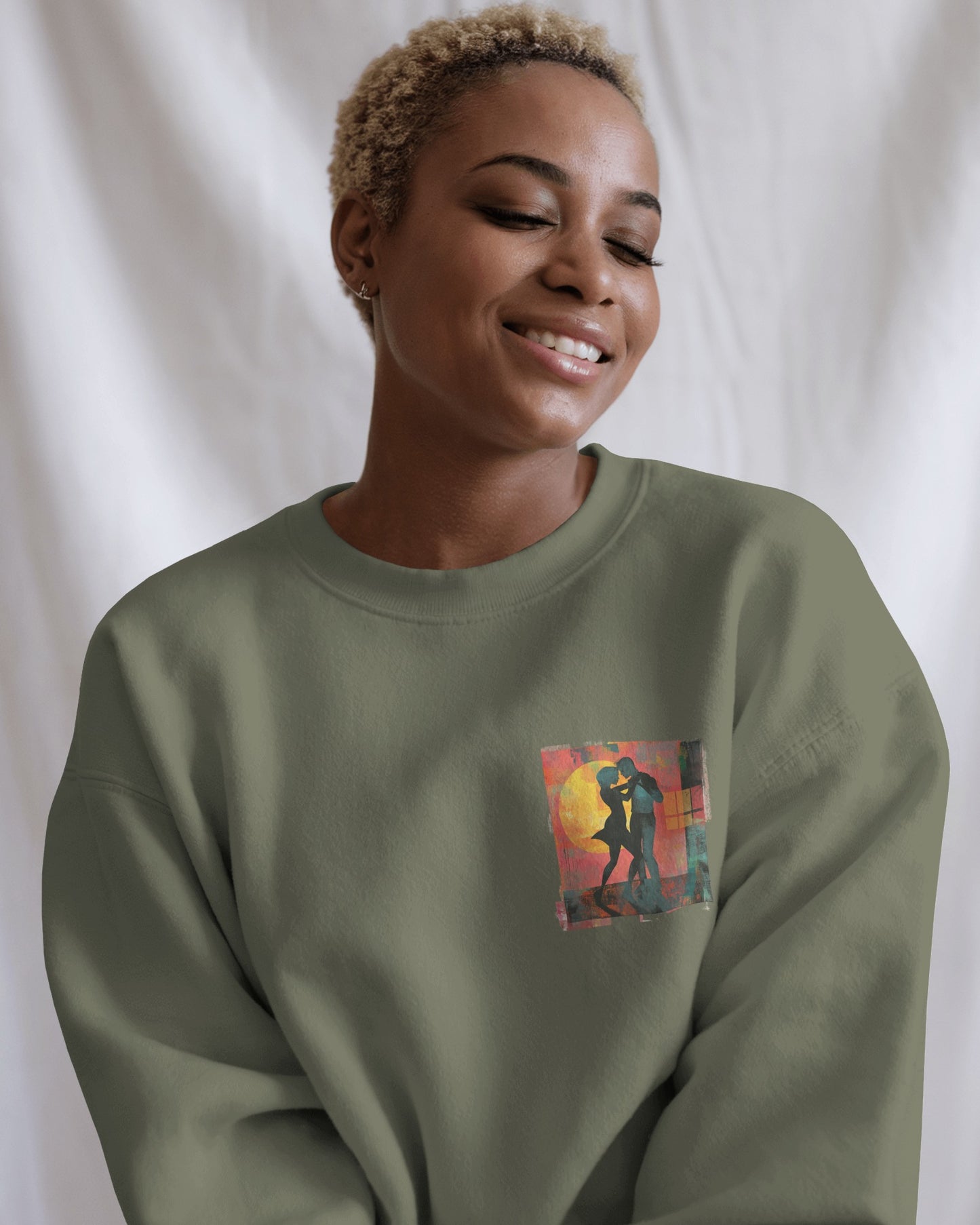 Sunset Romance Pocket Print Sweatshirt | Latin Dance Couple Silhouette | Salsa Bachata Jazz HipHop Lovers | White Crewneck | BailaFashion
