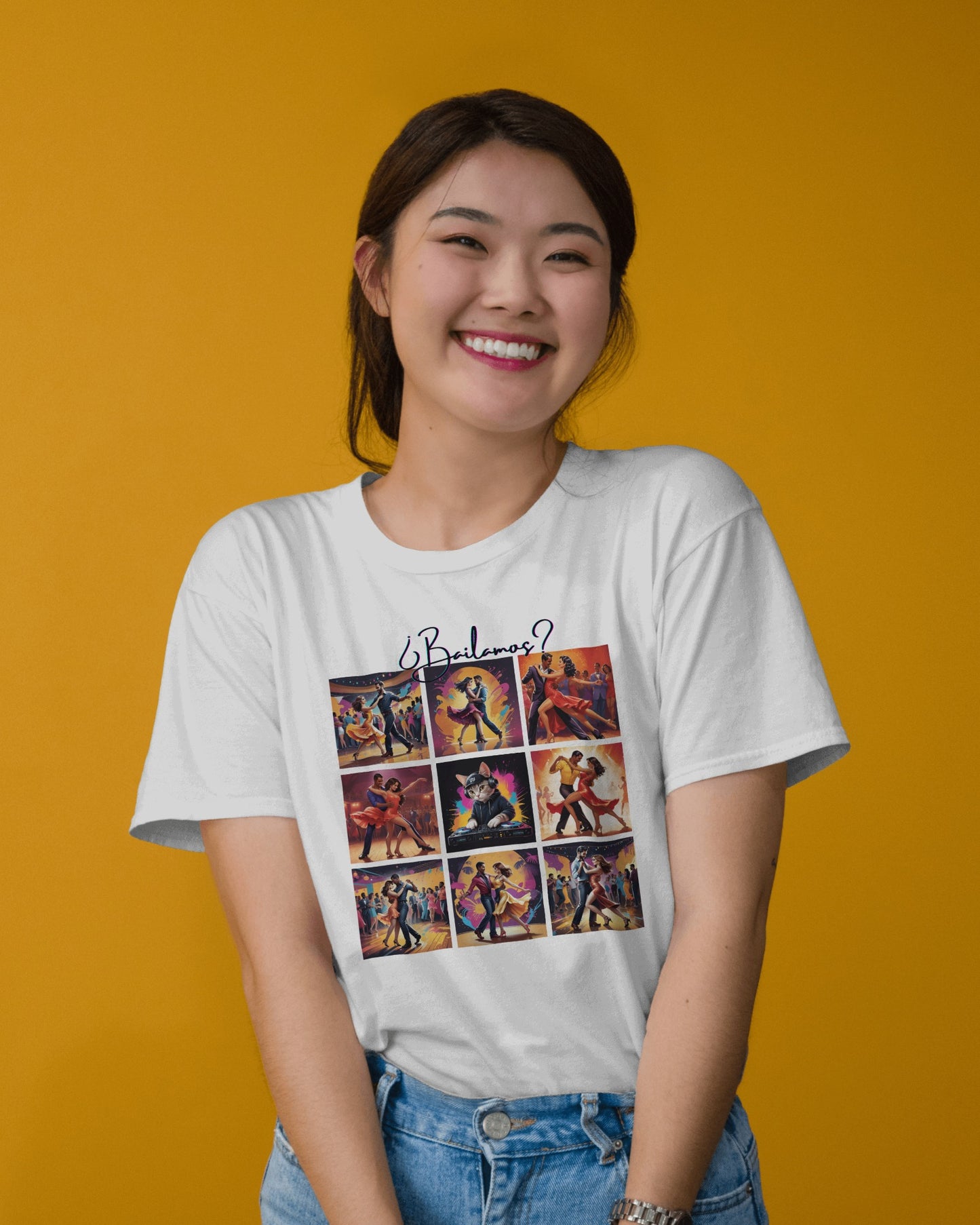 Bailamos? Latin Dance Collage T-Shirt | DJ Cat Salsa Bachata Scenes | Vibrant Dancer Art | BailaFashion Streetwear | Dance Practice Tee