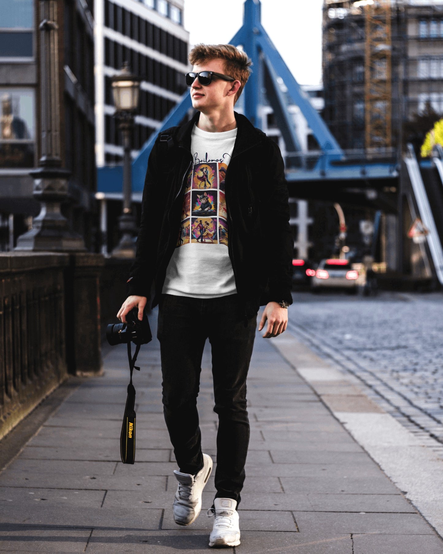 Bailamos? Latin Dance Collage T-Shirt | DJ Cat Salsa Bachata Scenes | Vibrant Dancer Art | BailaFashion Streetwear | Dance Practice Tee