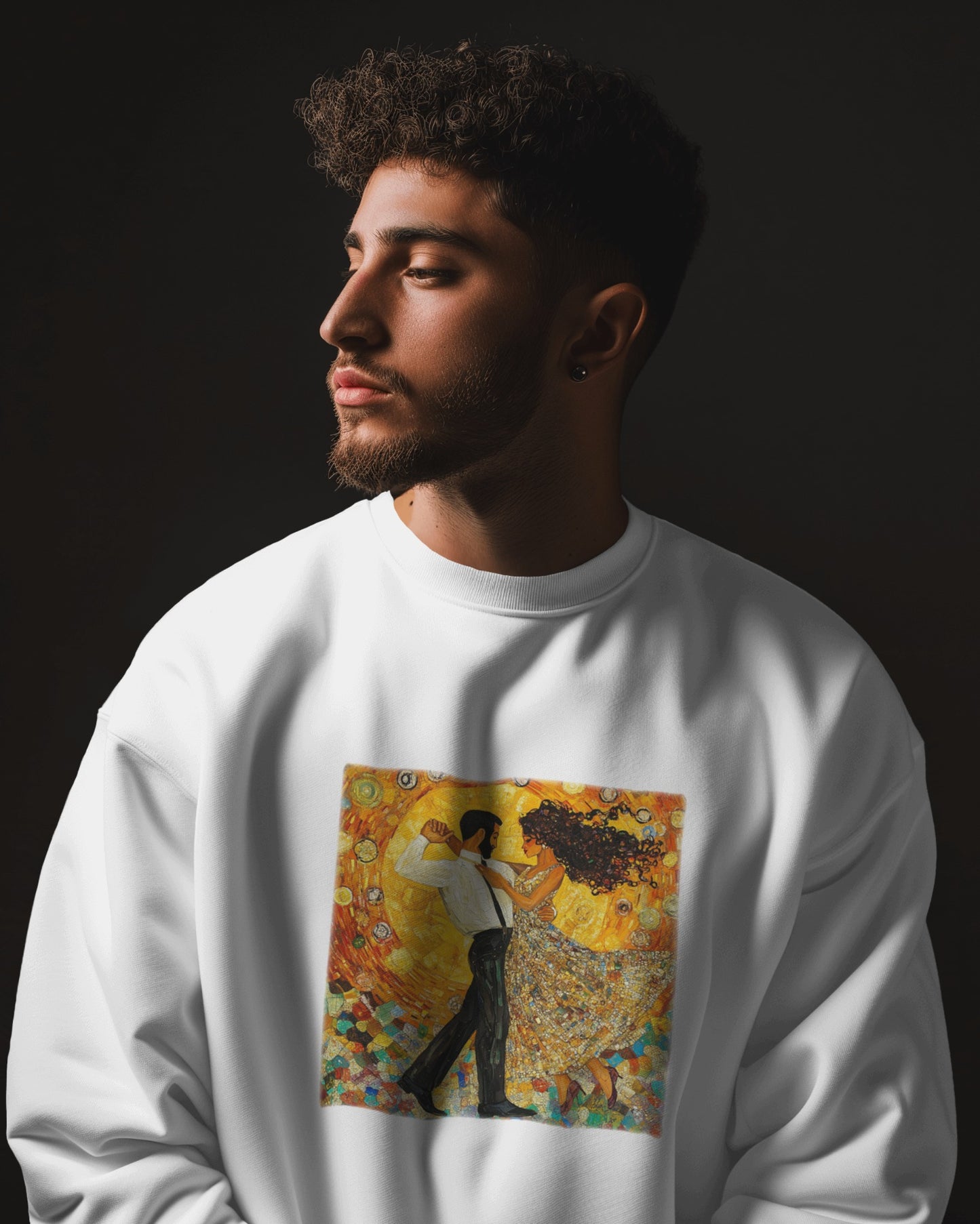 Golden Rhythm Dance Sweatshirt | Latin Dancer Couple | Bachata Salsa | BailaFashion Dance Lifestyle | Klimt Inspired Art | Cozy Sweater