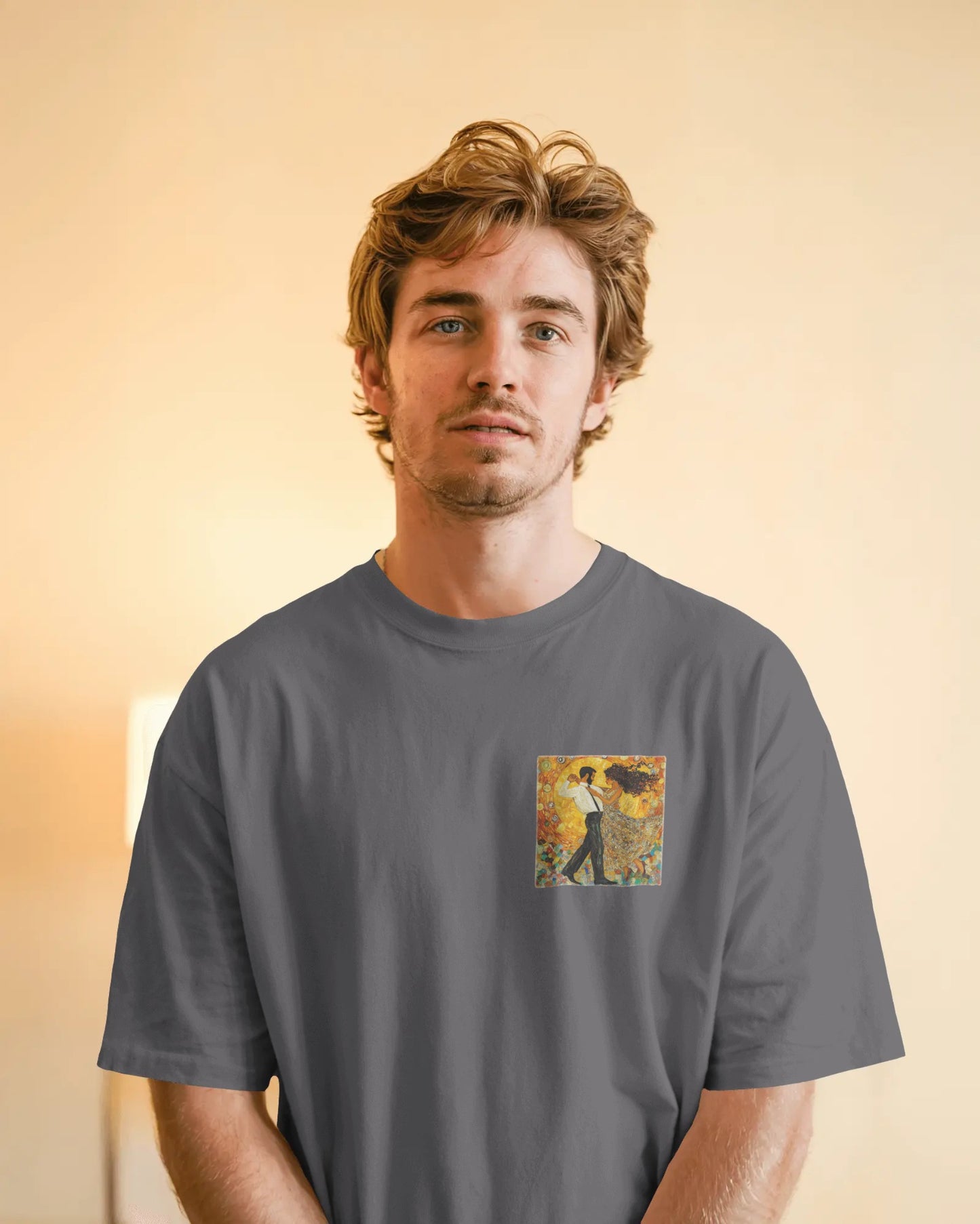 Golden Rhythm Pocket Print T-Shirt | Klimt-Inspired Latin Dance Art | Salsa Bachata Couple Top | Unisex Practice Tee | Studio Dance Wear