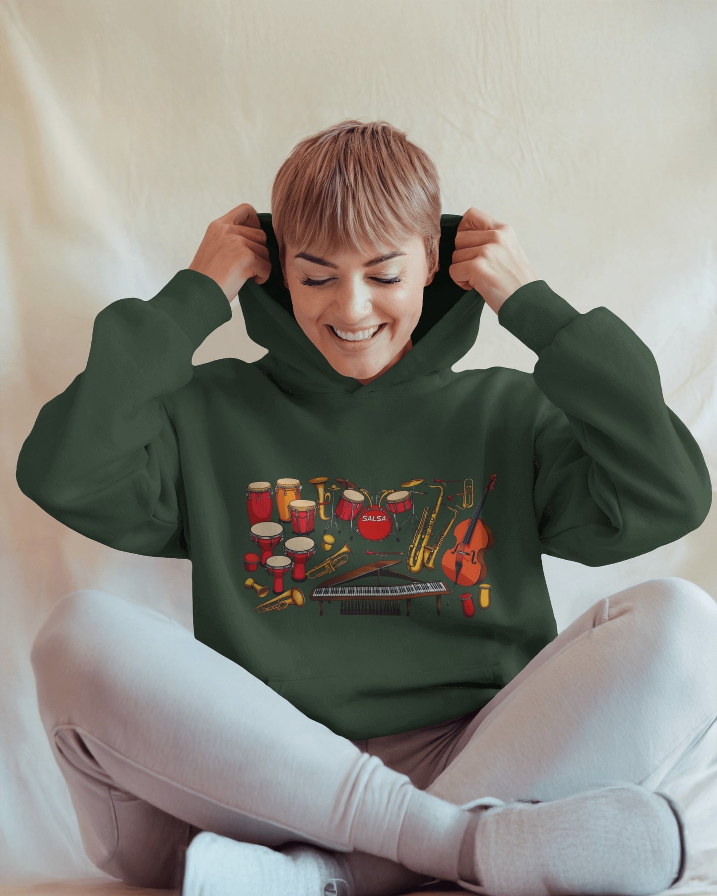 Salsa Orchestra Instruments Hoodie | Latin Music Band Art | Musician Dancer Gift | Vibrant Red Gold Design | BailaFashion Comfy Couple Wear