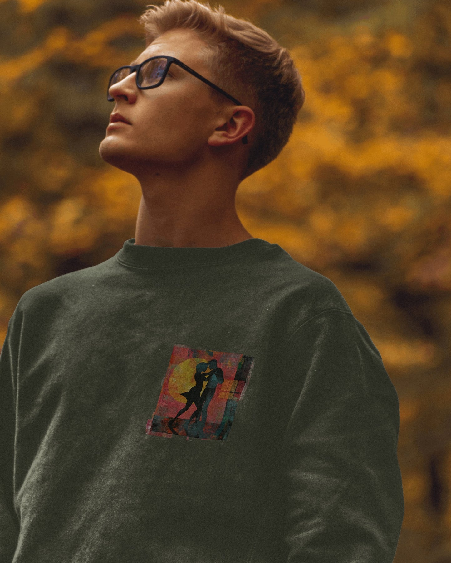 Sunset Romance Pocket Print Sweatshirt | Latin Dance Couple Silhouette | Salsa Bachata Jazz HipHop Lovers | White Crewneck | BailaFashion