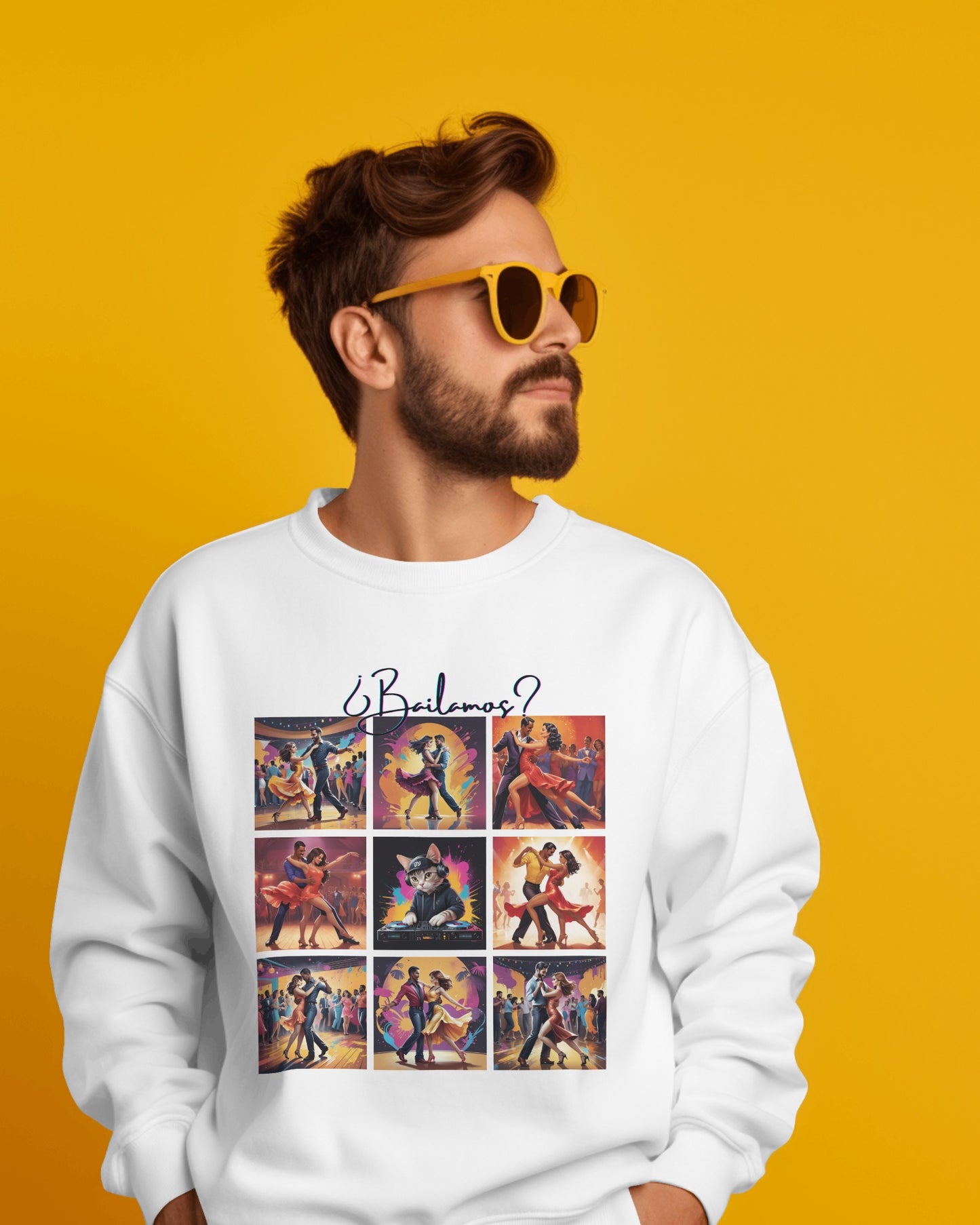 Bailamos? Latin Dance Collage Sweatshirt | DJ Cat Salsa Bachata Art | Vibrant Social Dancing | BailaFashion Streewear | Dance Practice Wear
