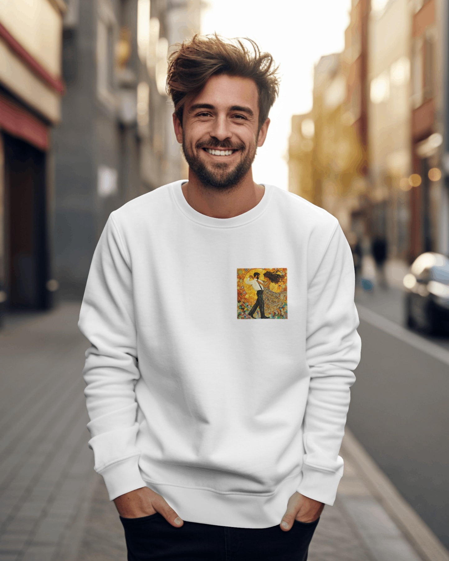 Golden Rhythm Pocket Print Sweatshirt | Latin Dance Art | Salsa Bachata Couple | Dance Lifestyle Streetwear | BailaFashion Couple Sweater