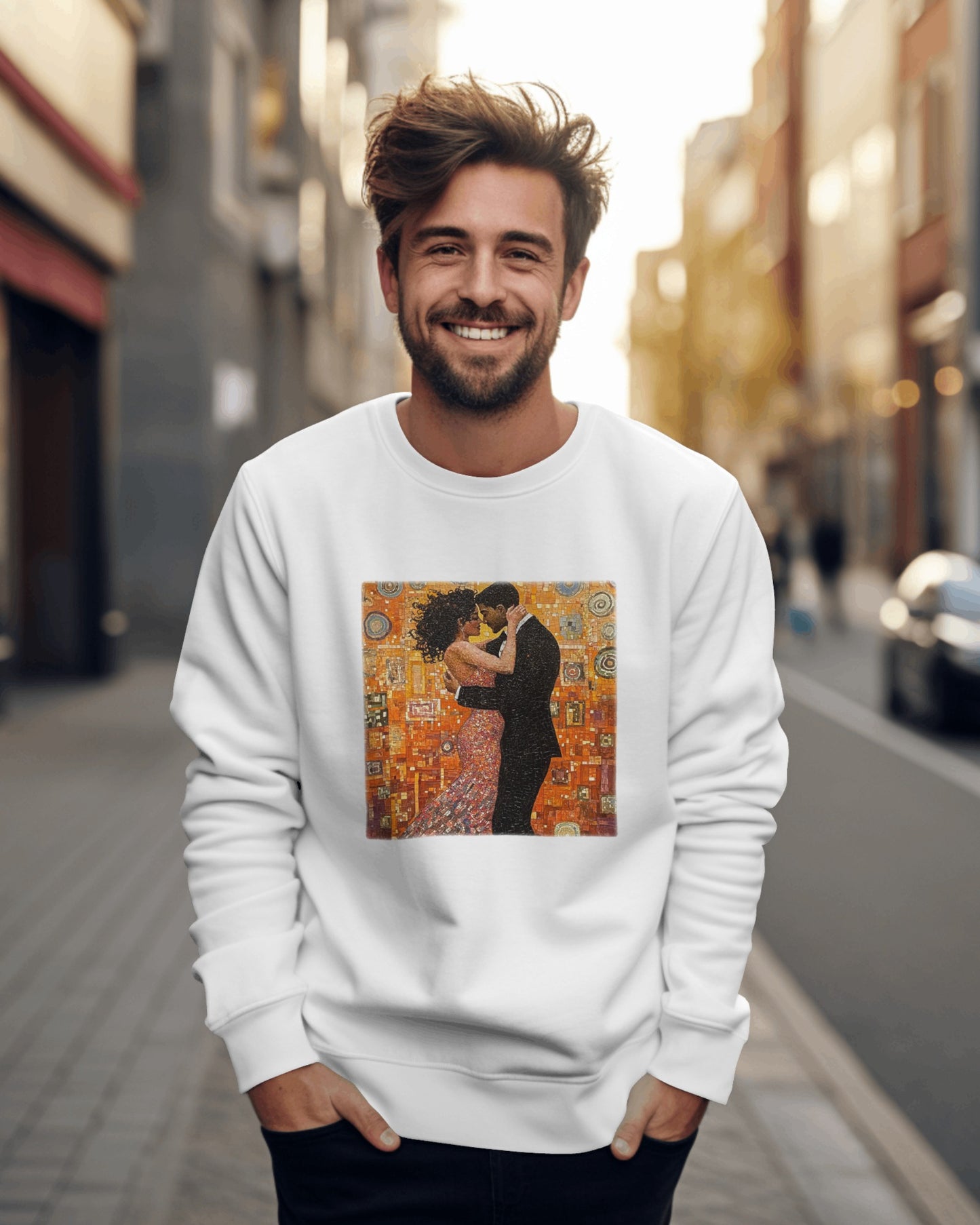 Amber Embrace Art Sweatshirt | Klimt-Inspired Latin Dance | Bachata Romance | BailaFashion Couple Streetwear | Dance Lifestyle Apparell